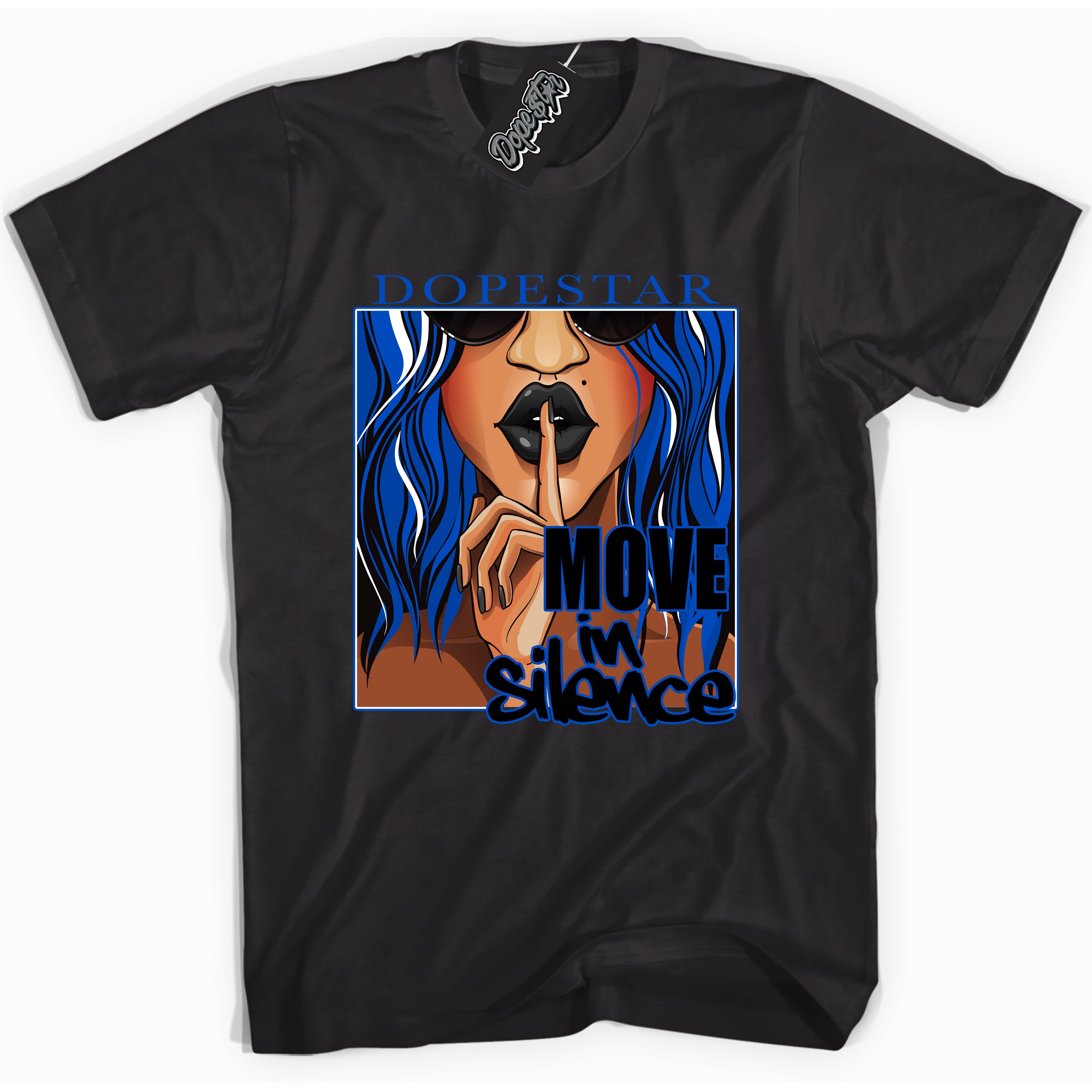 Cool Black graphic tee with Move In Silence print, that perfectly matches OG Royal Reimagined 1s sneakers