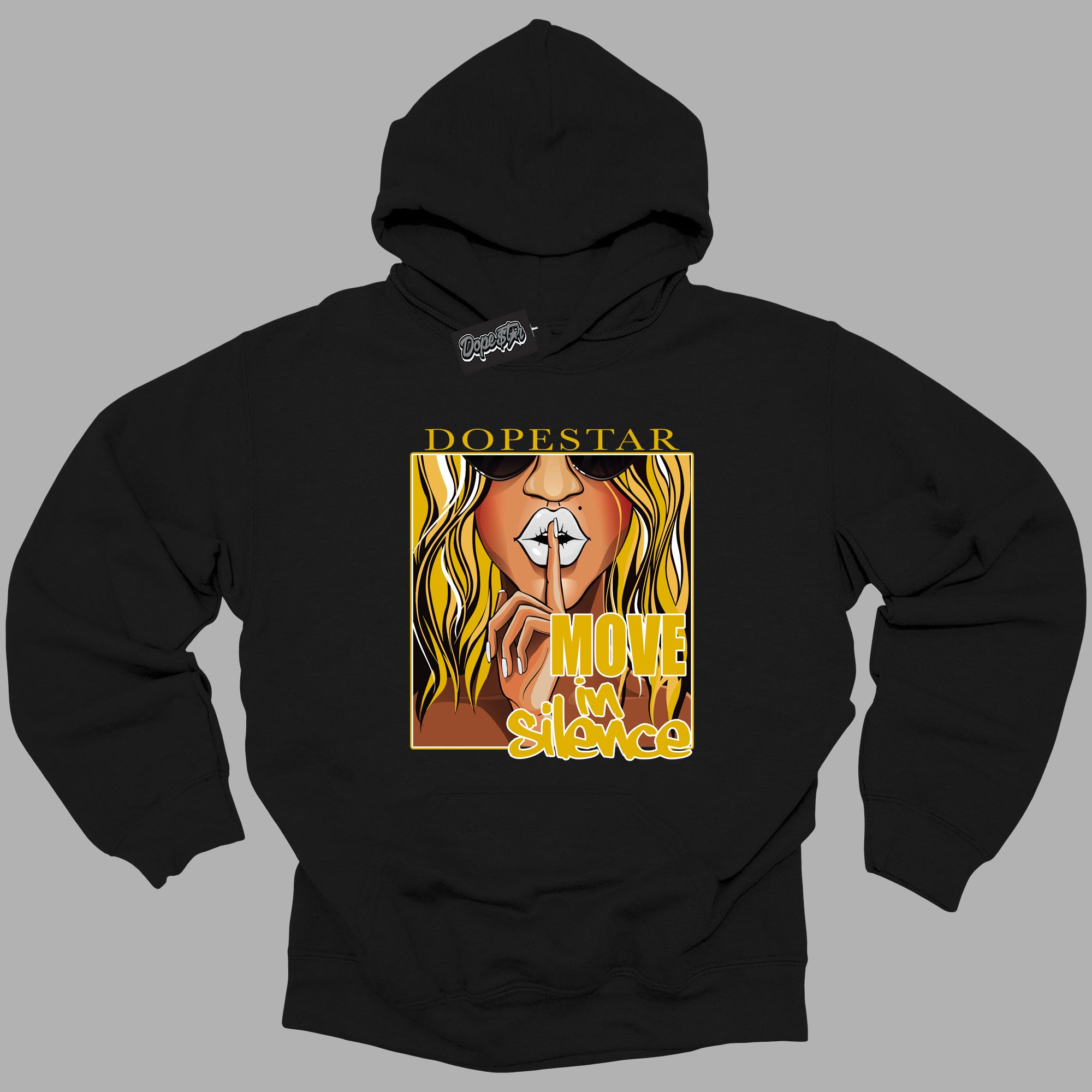 Cool Black Hoodie with “ Move In Silence ” design that Perfectly Matches Yellow Ochre 6s Sneakers.