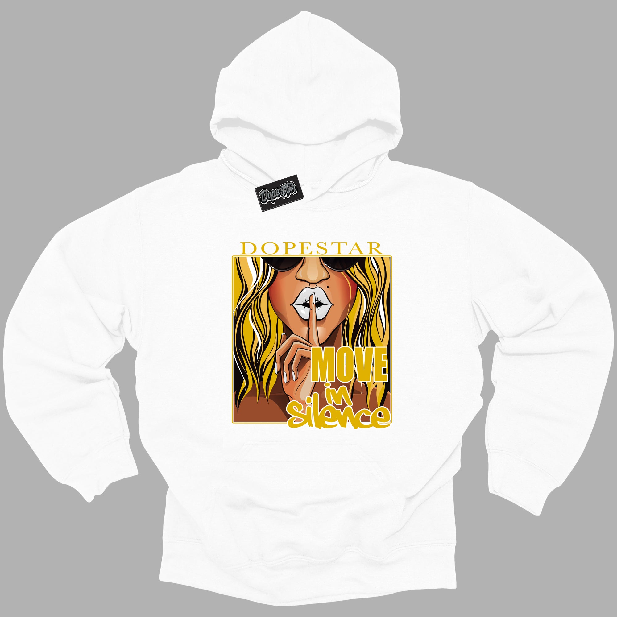 Cool White Hoodie with “ Move In Silence ” design that Perfectly Matches Yellow Ochre 6s Sneakers.