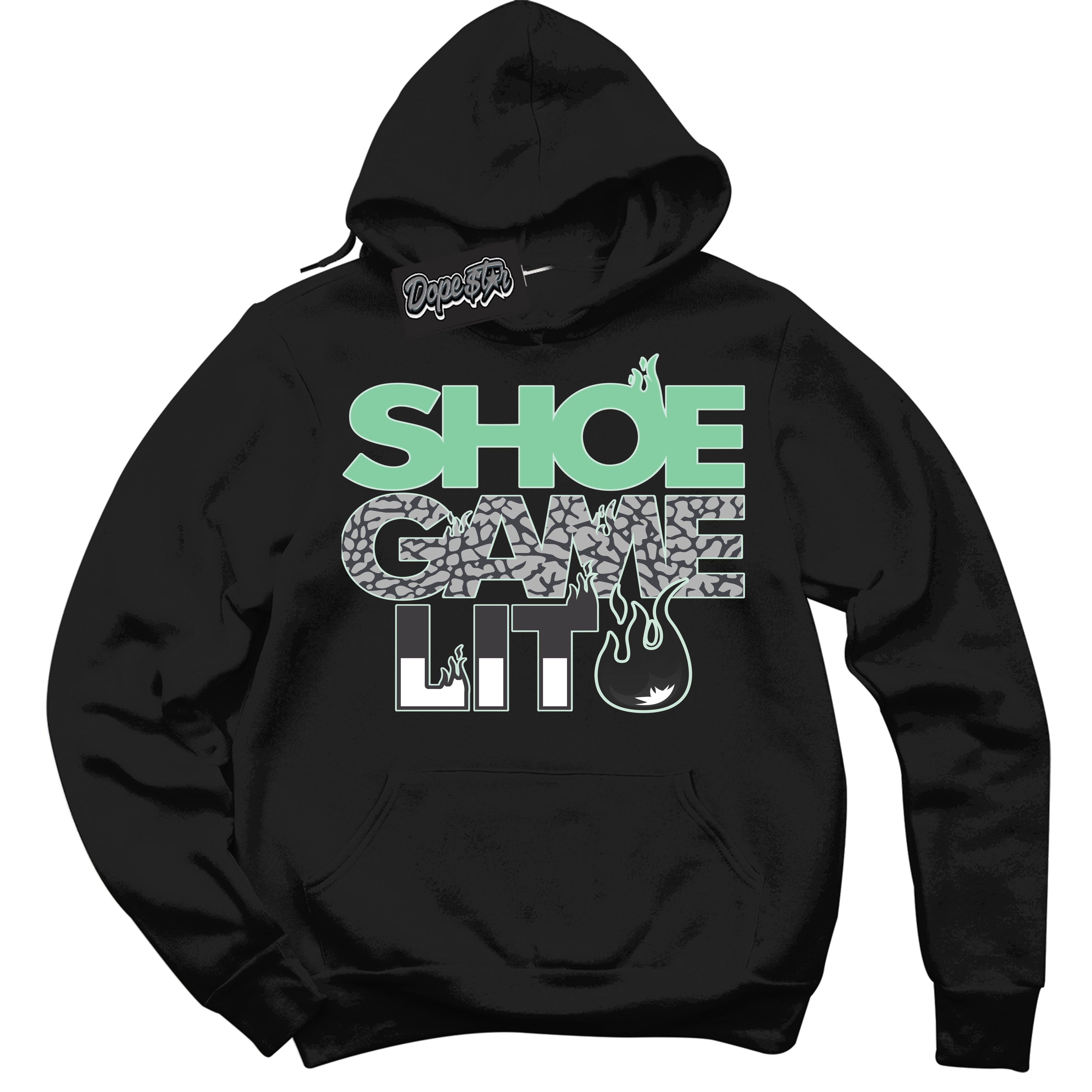 Cool Black Hoodie with “ Shoe Game Lit '' design that Perfectly Matches Green Glow 3s Sneakers.