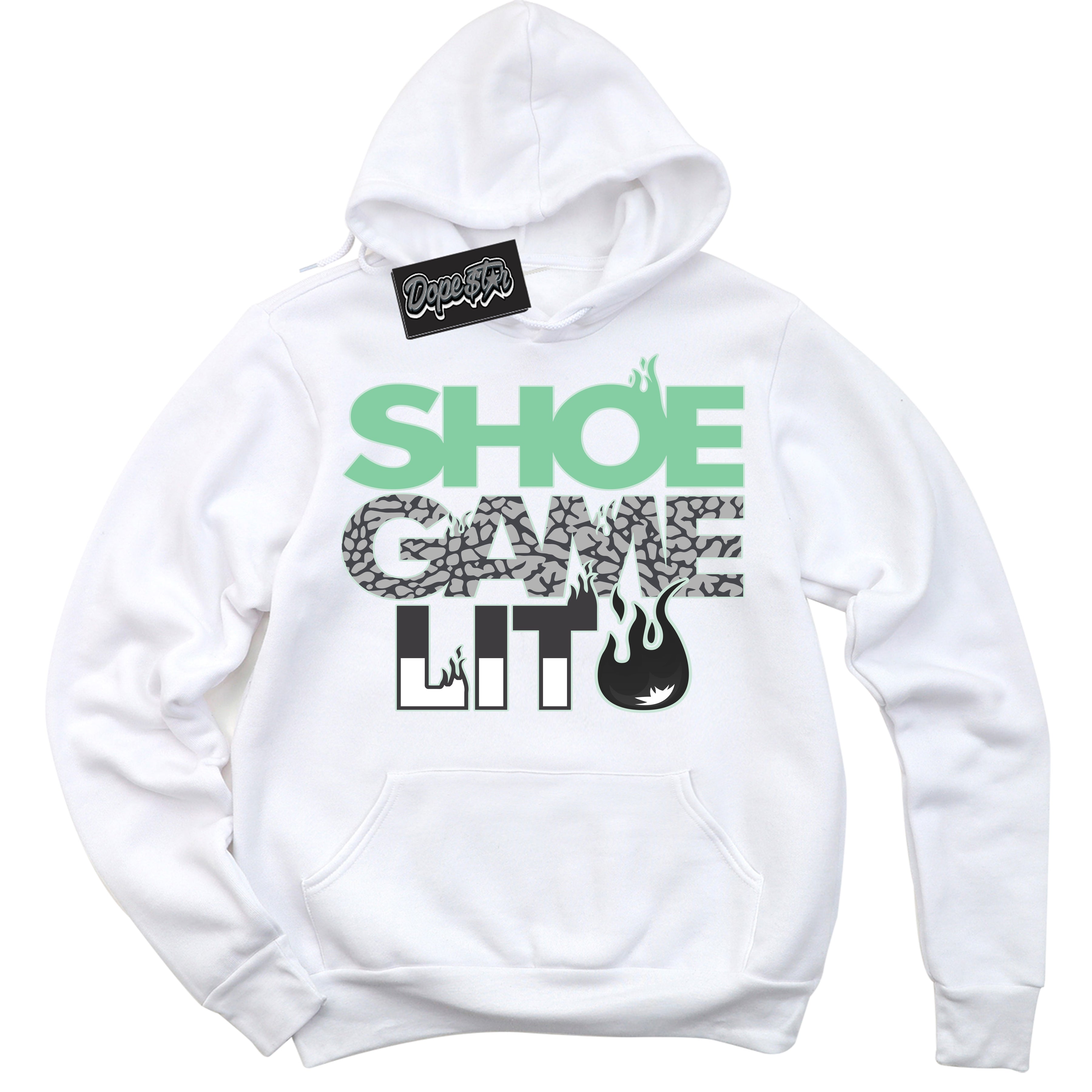 Cool White Hoodie with “ Shoe Game Lit '' design that Perfectly Matches Green Glow 3s Sneakers.