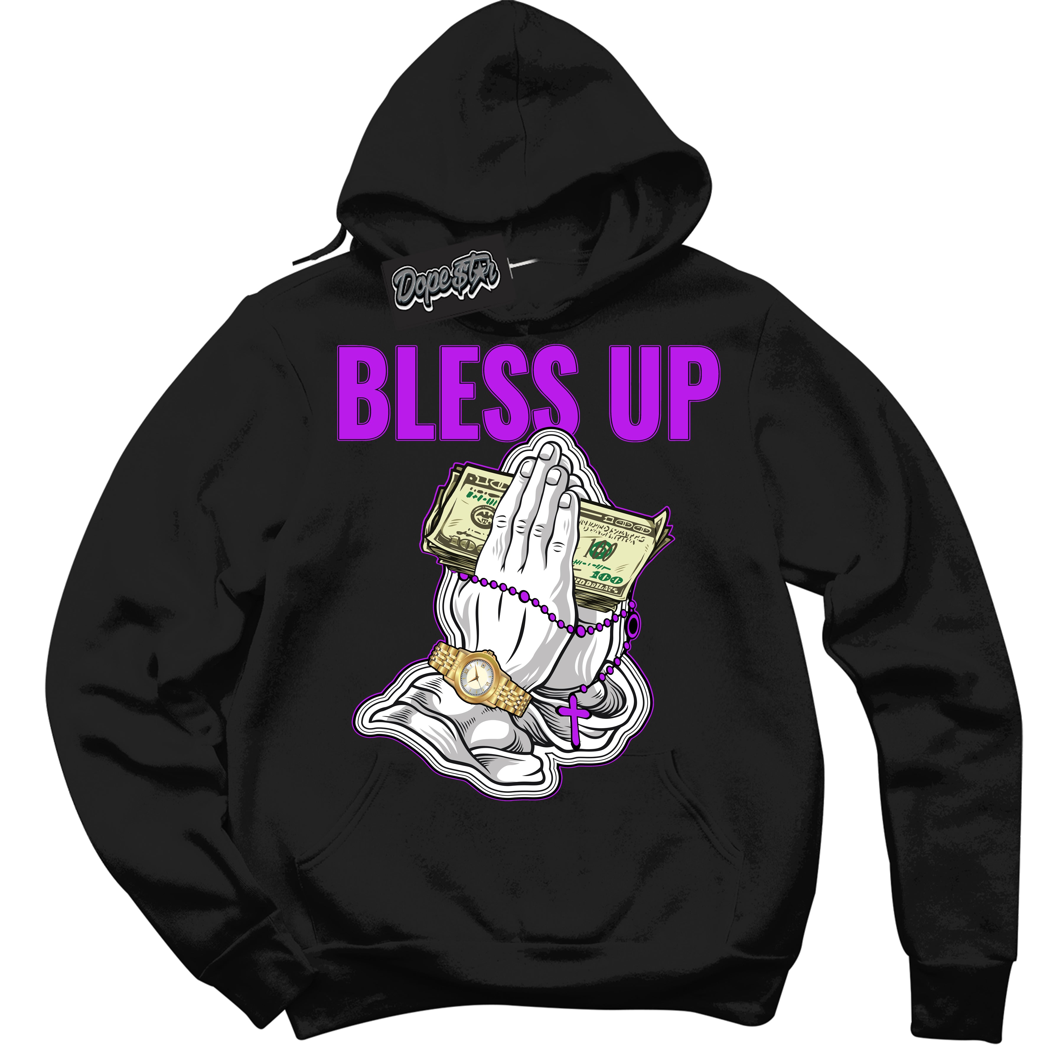 Cool Black Hoodie with “ Bless Up ” design that Perfectly Matches RTKT Genesis Dunk Sneakers.