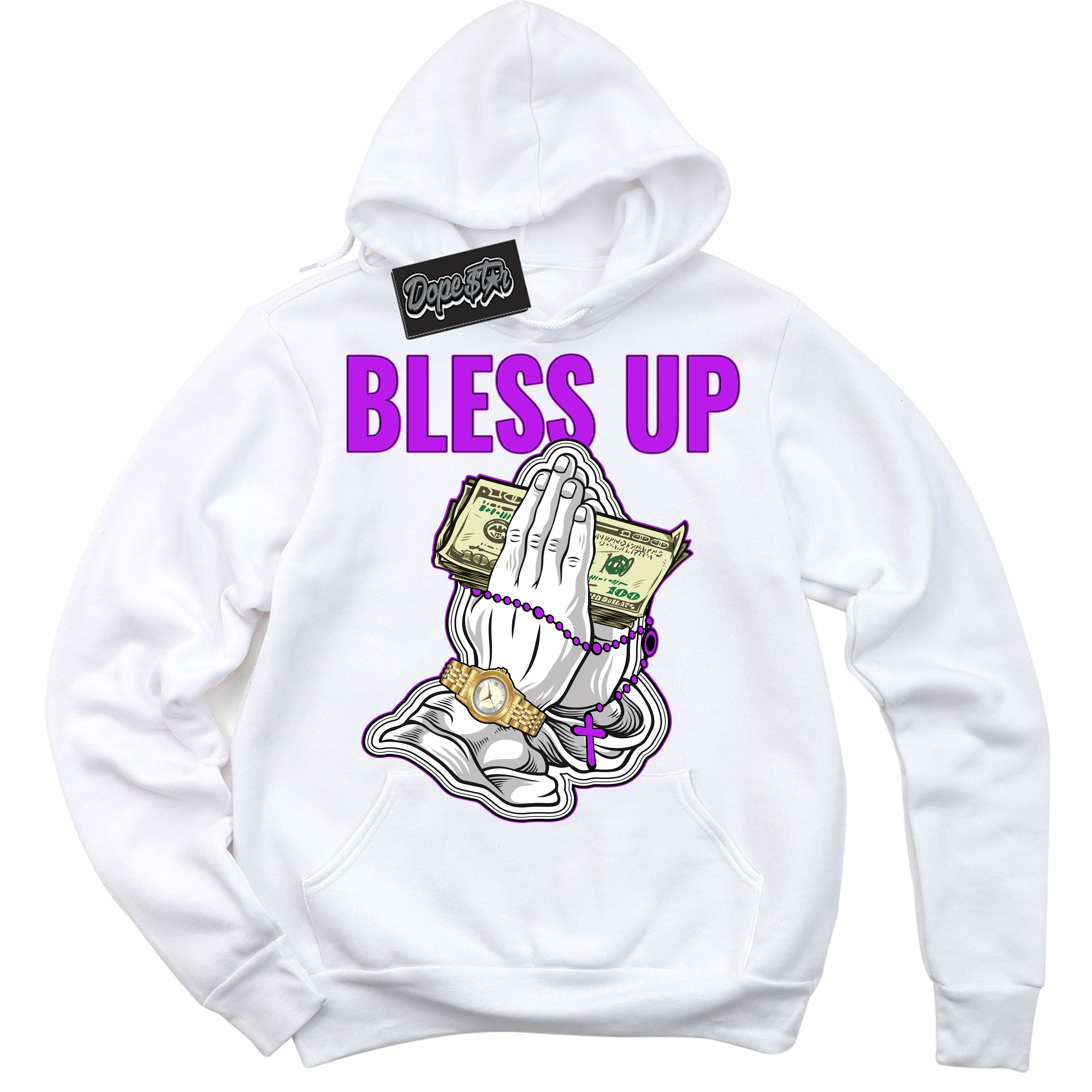 Cool White Hoodie with “ Bless Up ” design that Perfectly Matches RTKT Genesis Dunk Sneakers.