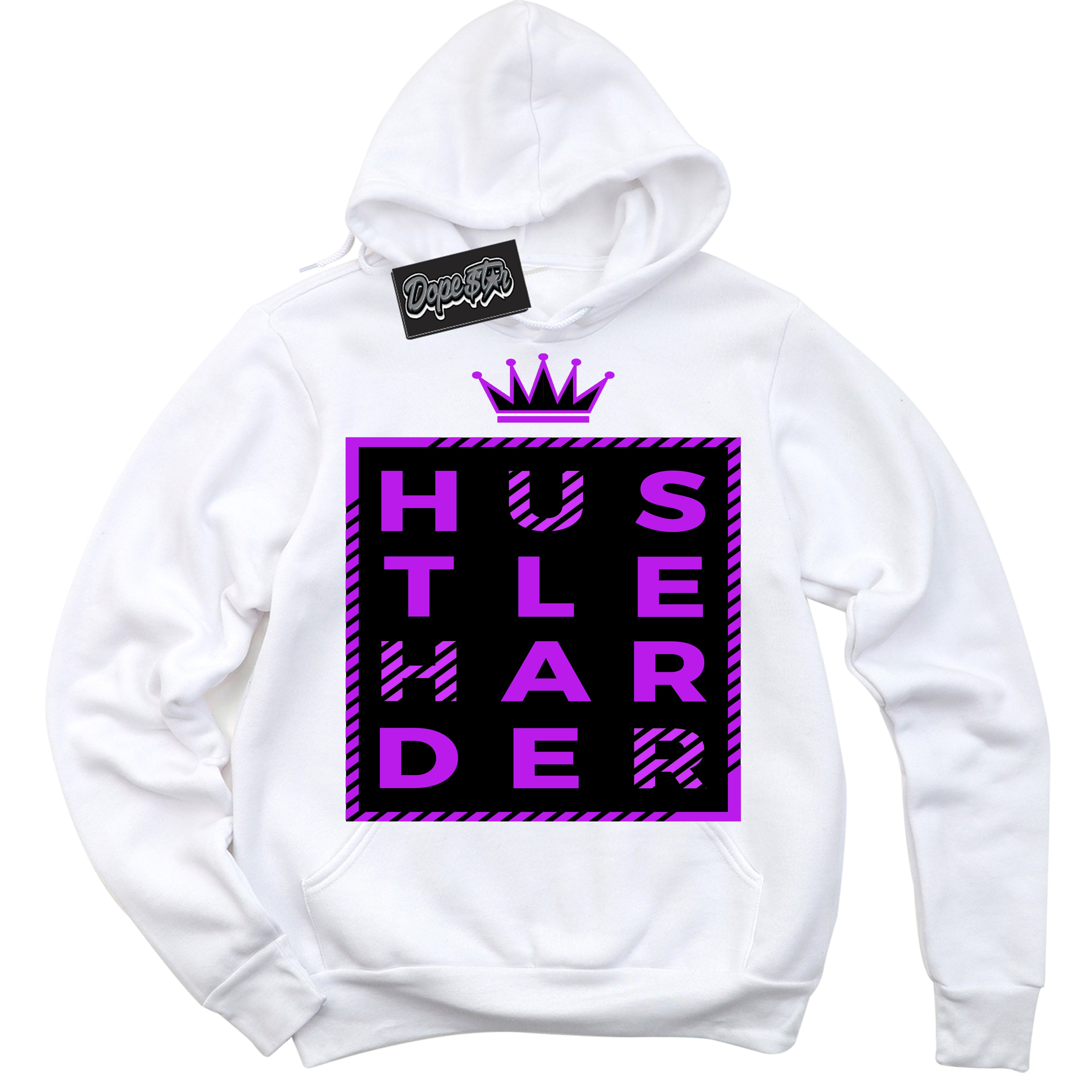 Cool White Hoodie with “ Hustle Harder ” design that Perfectly Matches RTKT Genesis Dunk Sneakers.