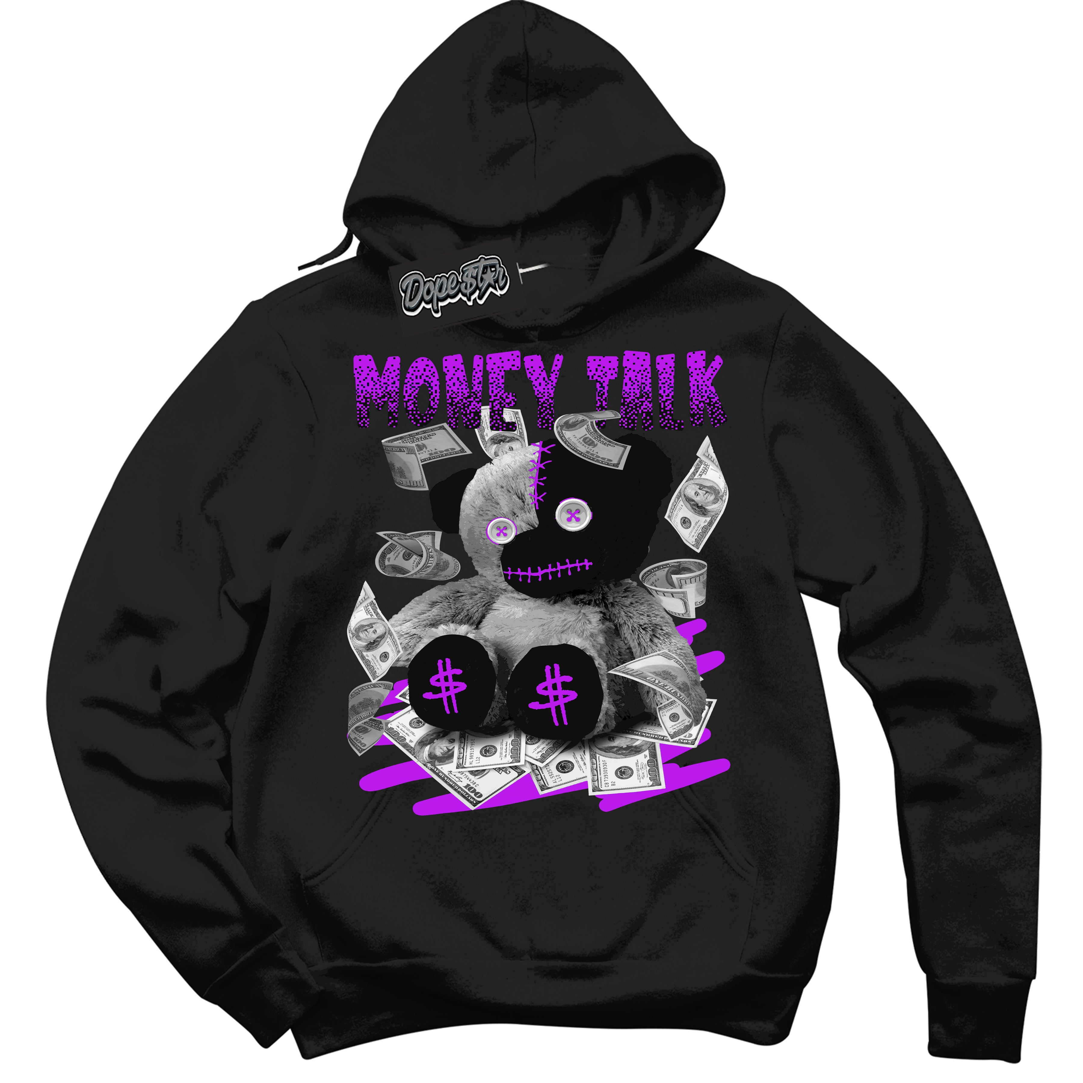 Cool Black Hoodie with “ Money Talk Bear ” design that Perfectly Matches RTKT Genesis Dunk Sneakers.