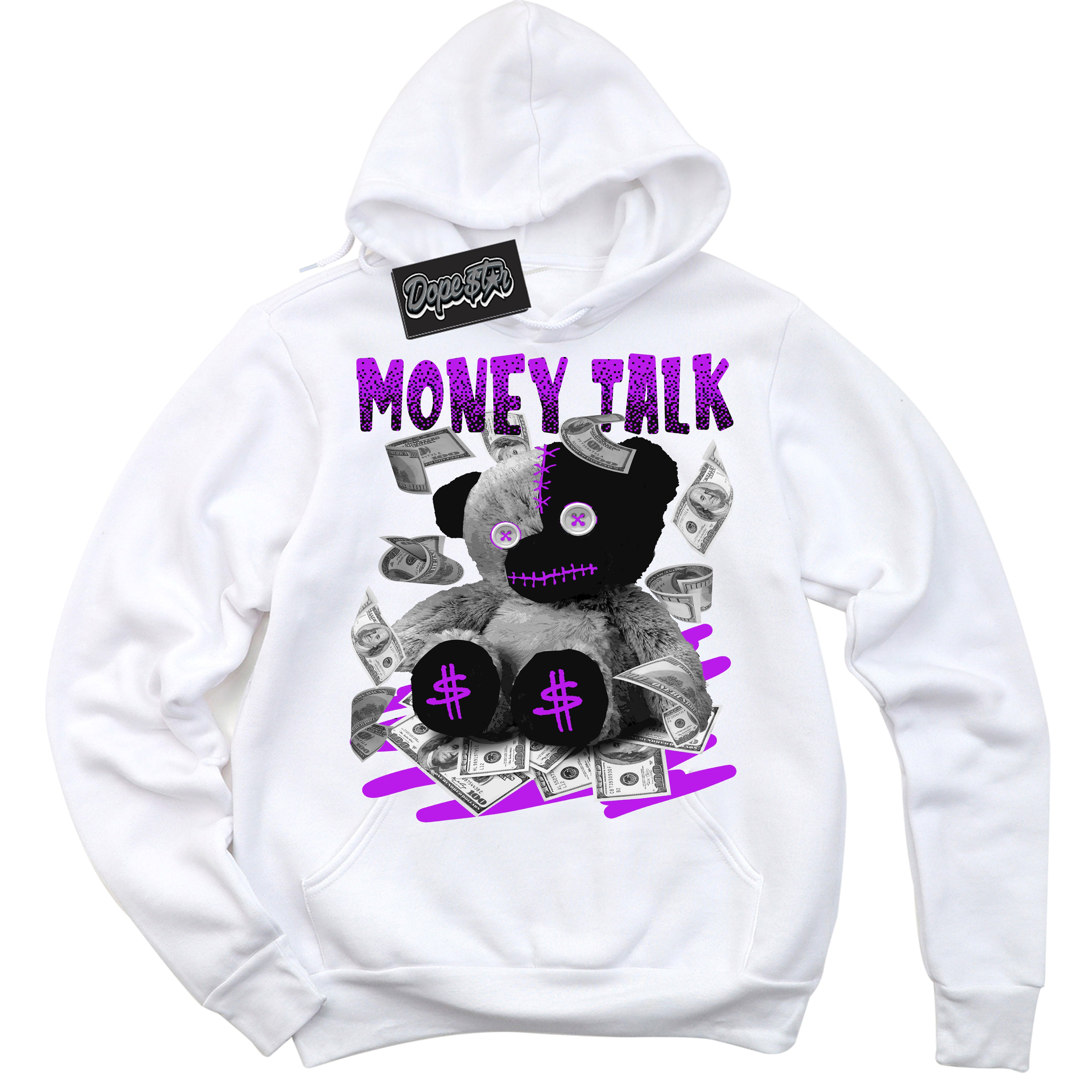 Cool White Hoodie with “ Money Talk Bear ” design that Perfectly Matches RTKT Genesis Dunk Sneakers.
