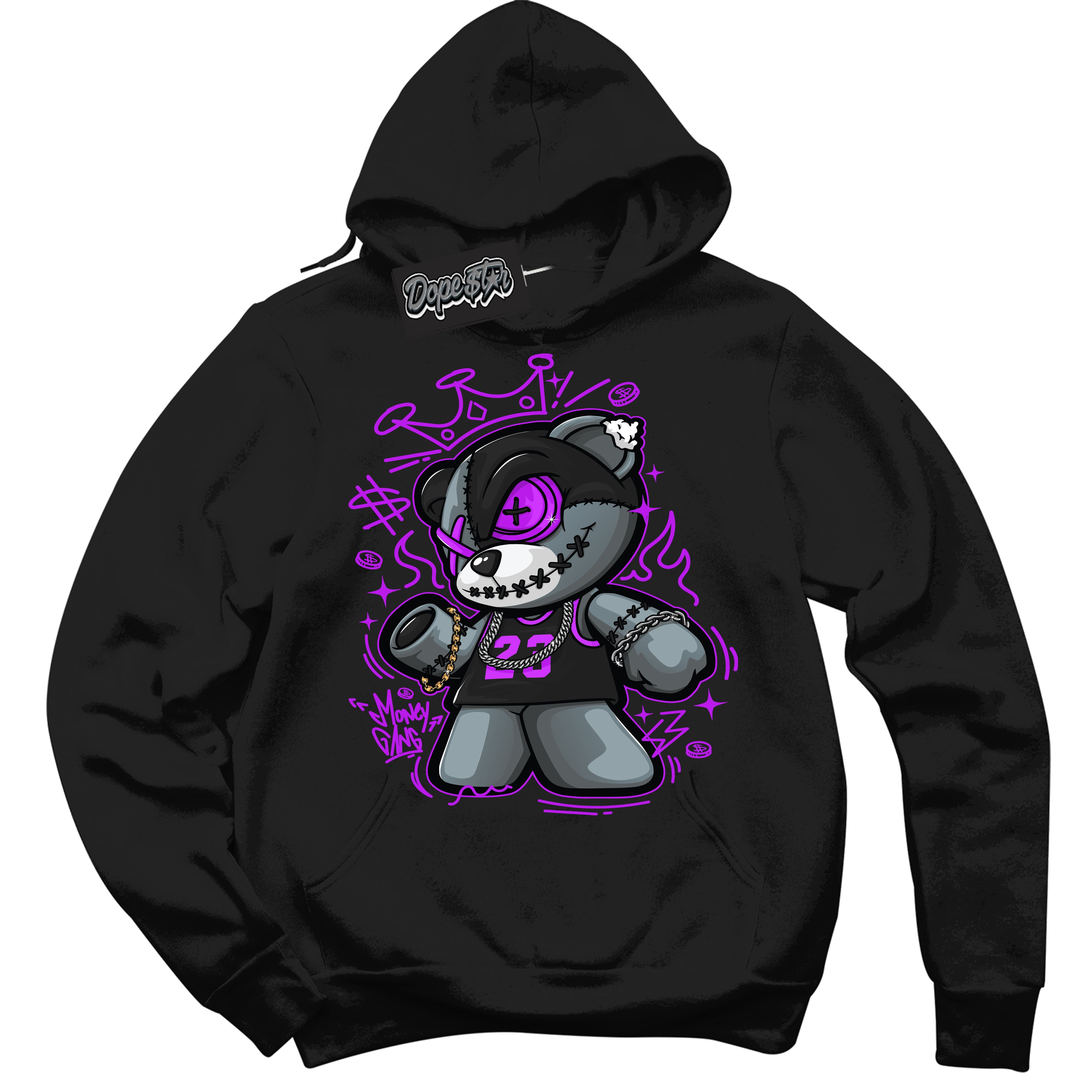 Cool Black Hoodie with “ Money Gang Bear ” design that Perfectly Matches RTKT Genesis Dunk Sneakers.