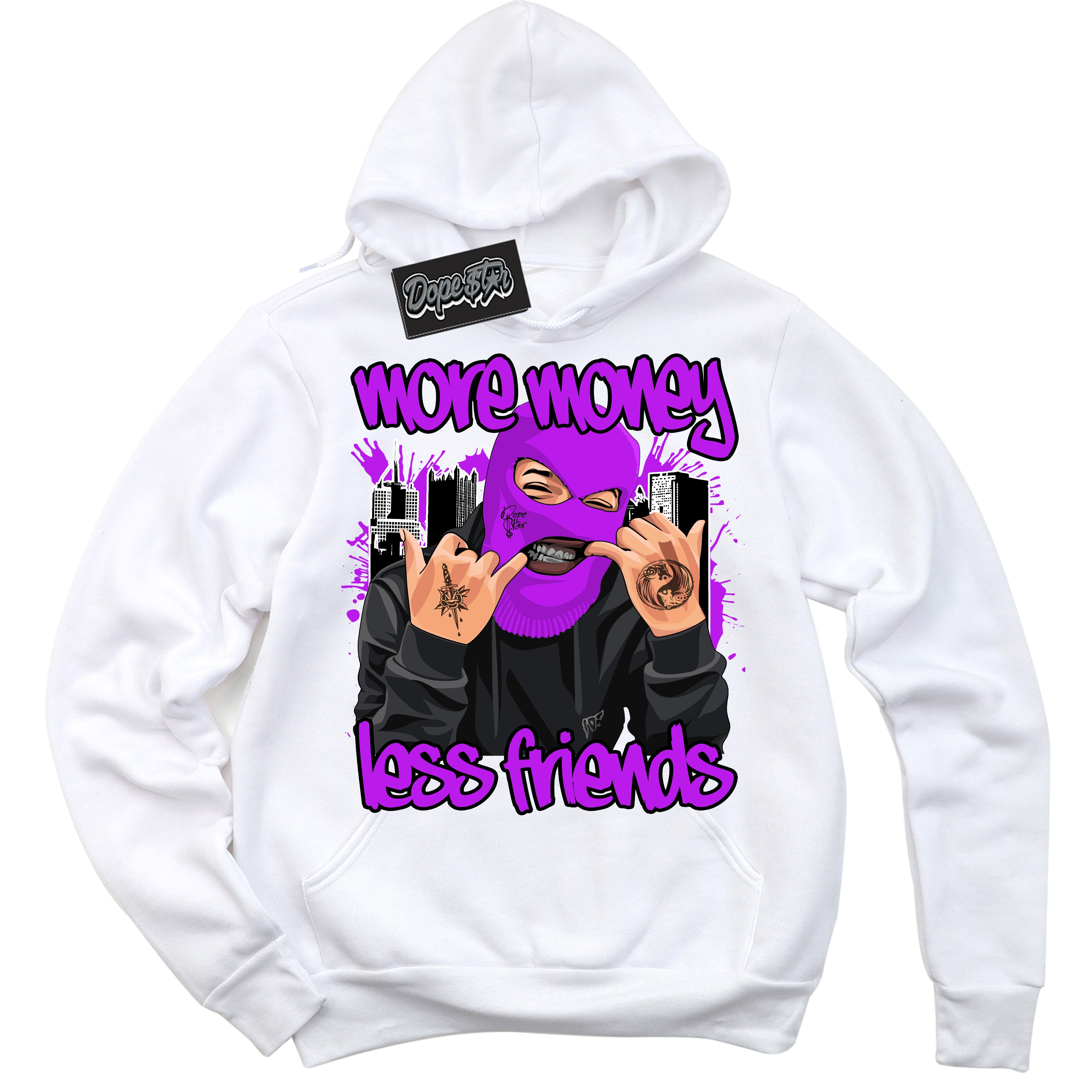 Cool White Hoodie with “ More Money Less Friends ” design that Perfectly Matches RTKT Genesis Dunk Sneakers.