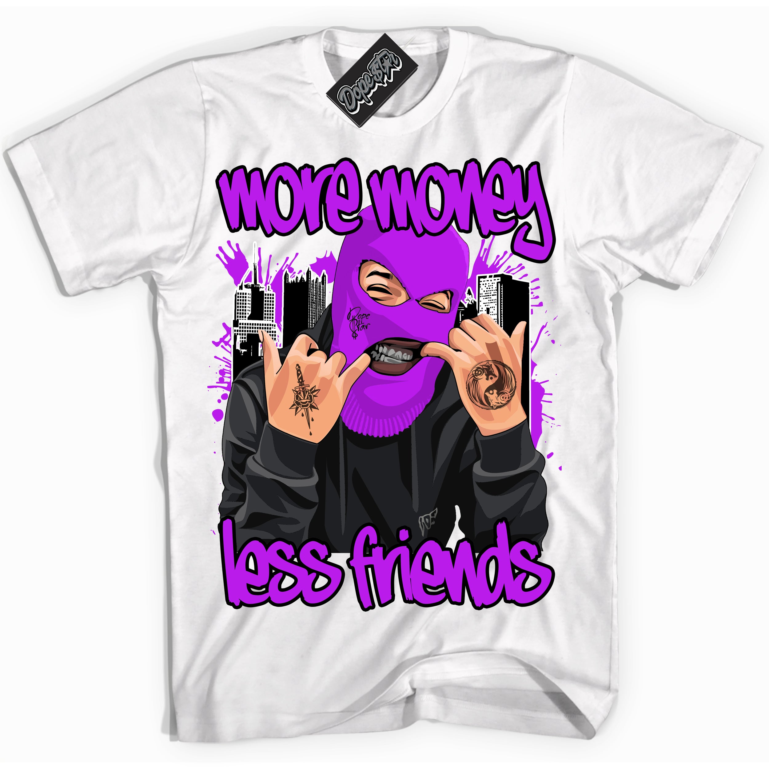 Cool White Shirt with “ More Money Less Friends” design that perfectly matches RTKT Genesis Dunk Sneakers.