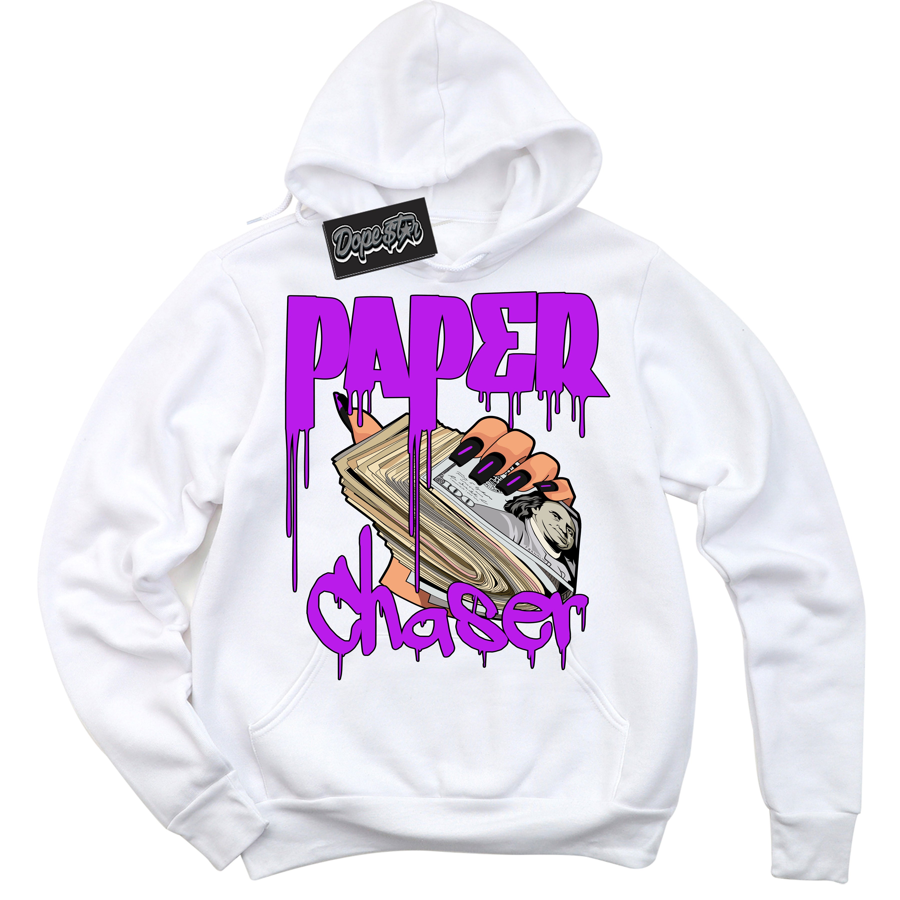 Cool White Hoodie with “ Paper Chaser ” design that Perfectly Matches RTKT Genesis Dunk Sneakers.