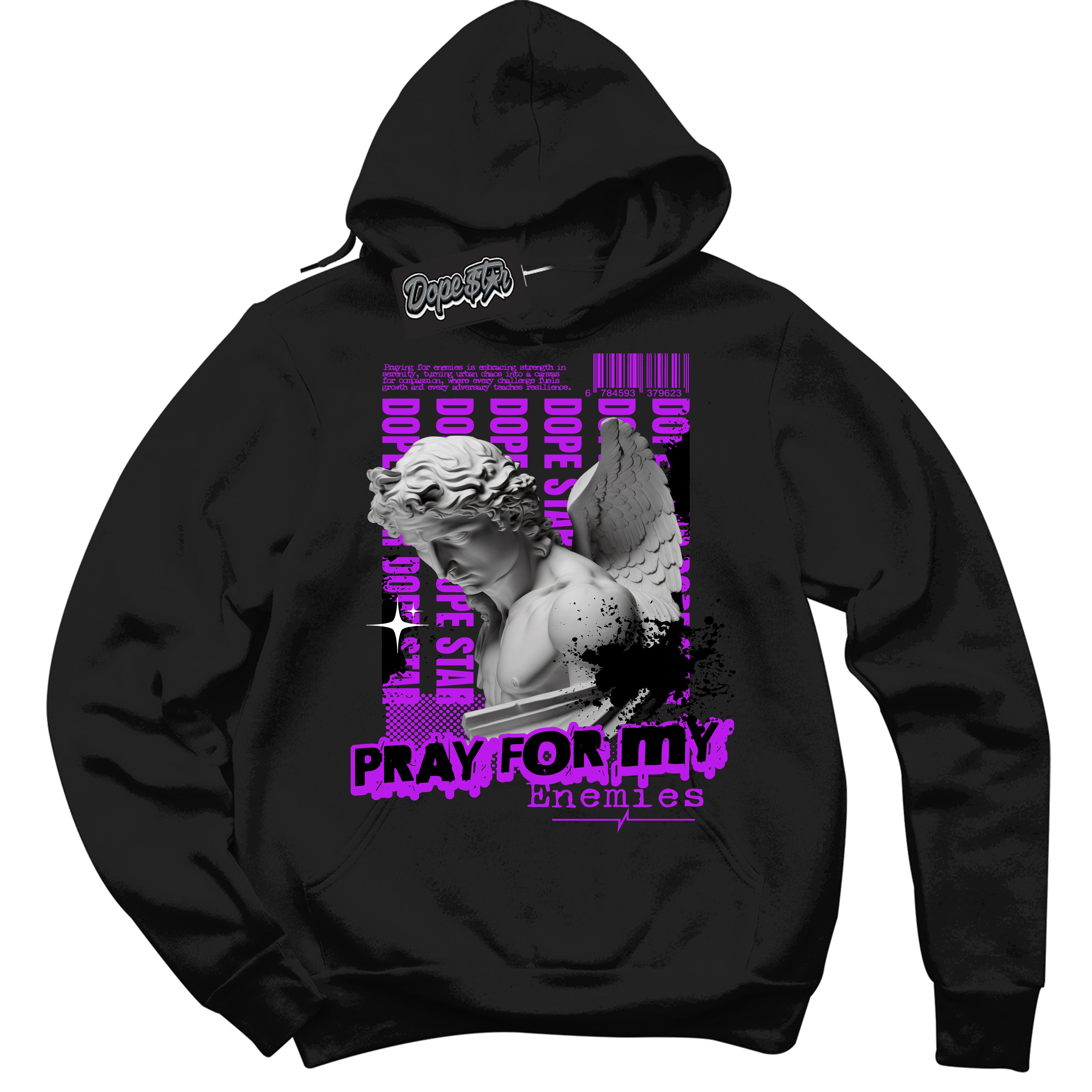 Cool Black Hoodie with “ Pray Enemies ” design that Perfectly Matches RTKT Genesis Dunk Sneakers.