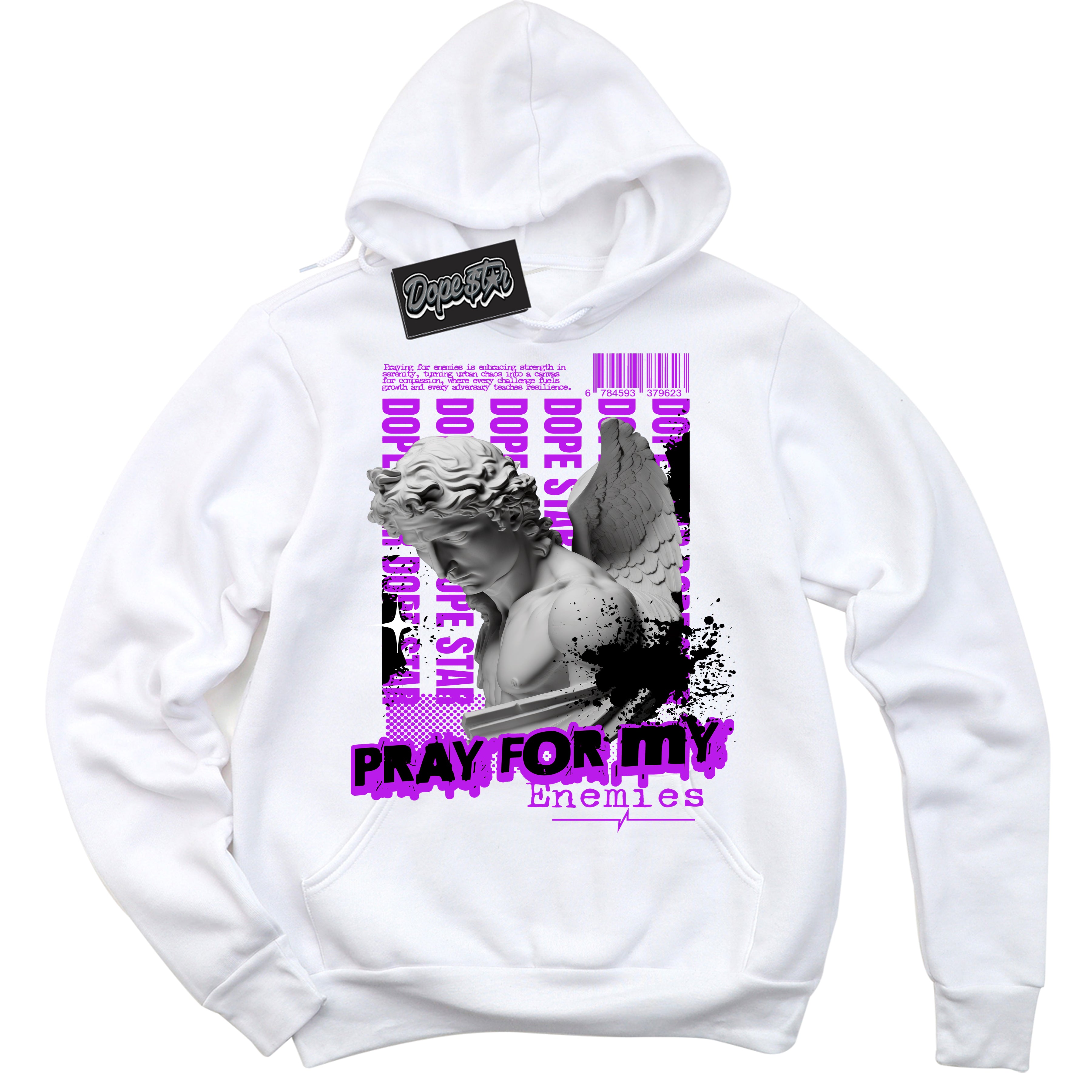 Cool White Hoodie with “ Pray Enemies ” design that Perfectly Matches RTKT Genesis Dunk Sneakers.