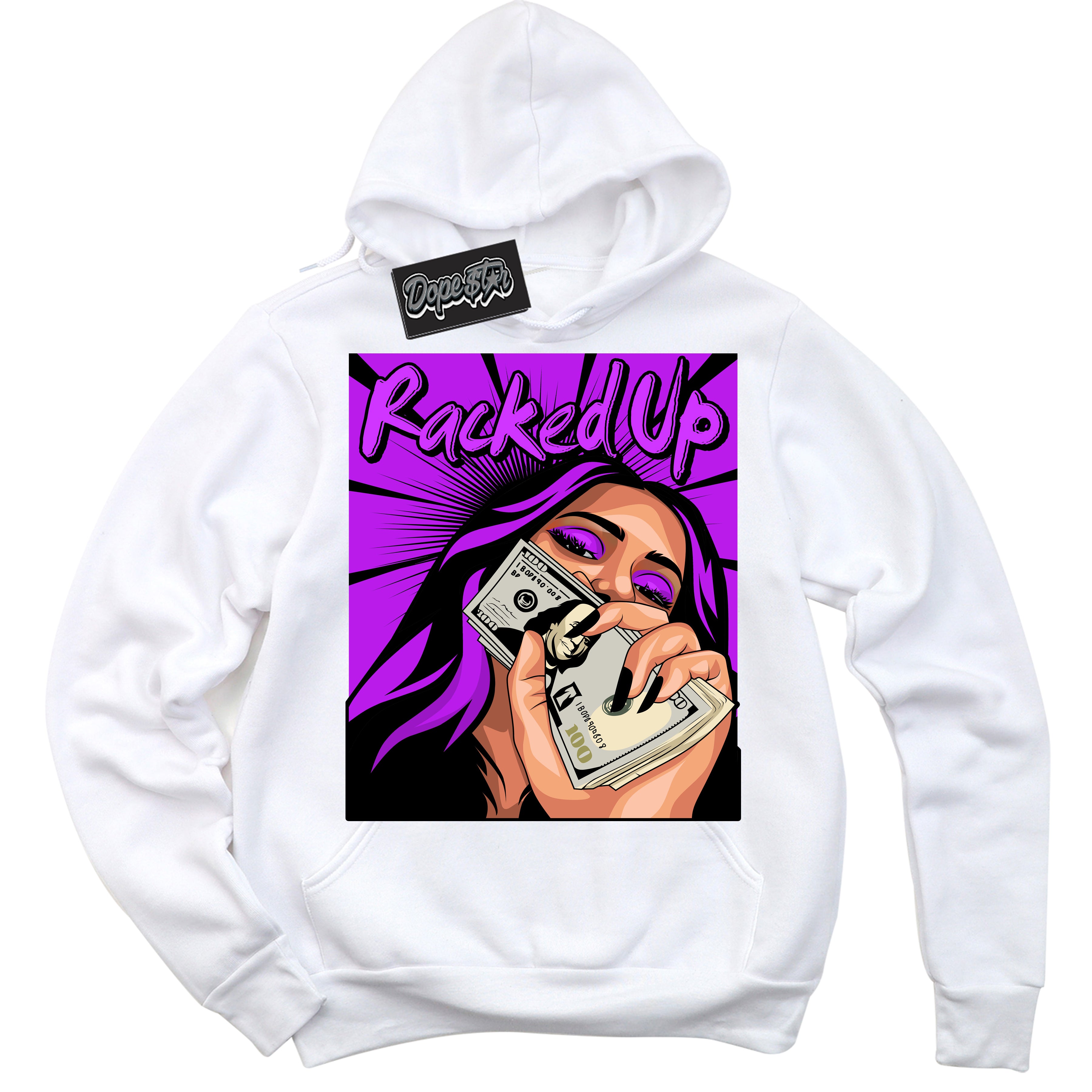 Cool White Hoodie with “ Racked Up ” design that Perfectly Matches RTKT Genesis Dunk Sneakers.