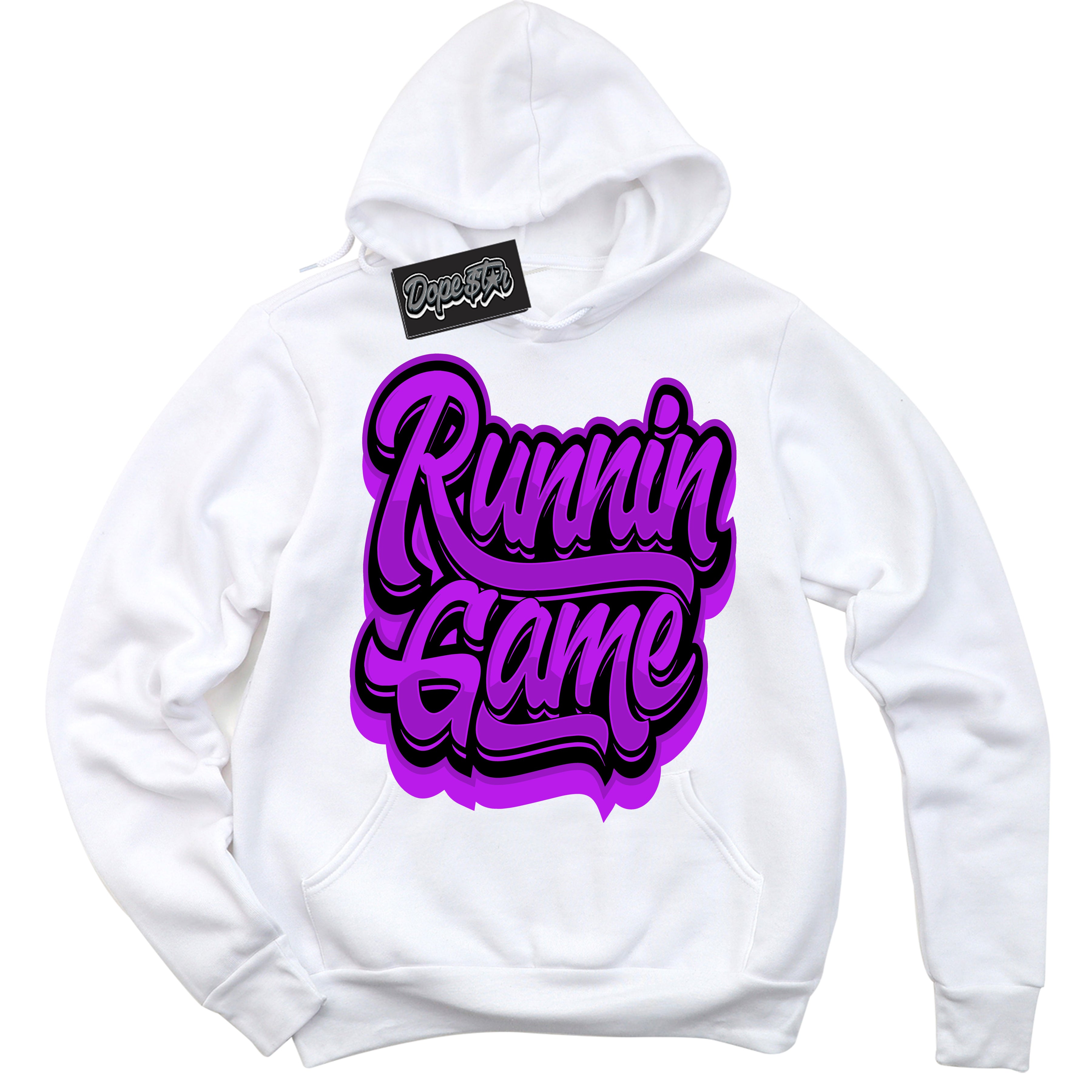 Cool White Hoodie with “ Running Game ” design that Perfectly Matches RTKT Genesis Dunk Sneakers.