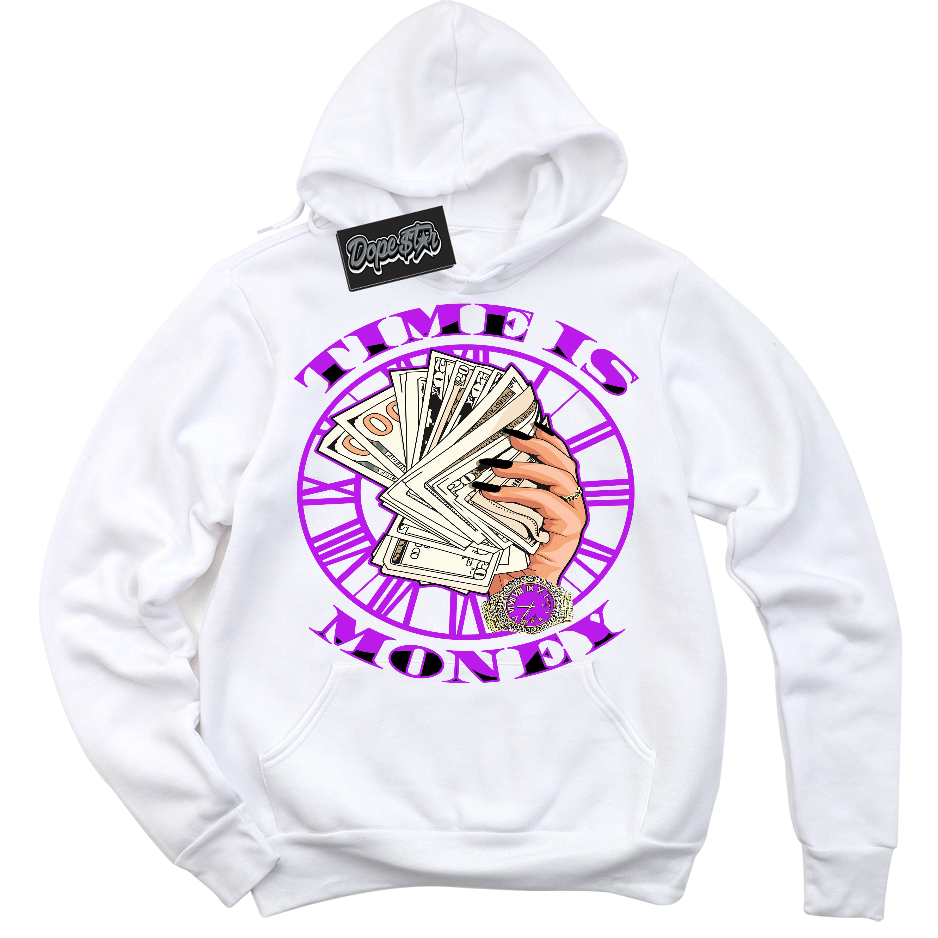 Cool White Hoodie with “ Time Is Money ” design that Perfectly Matches RTKT Genesis Dunk Sneakers.