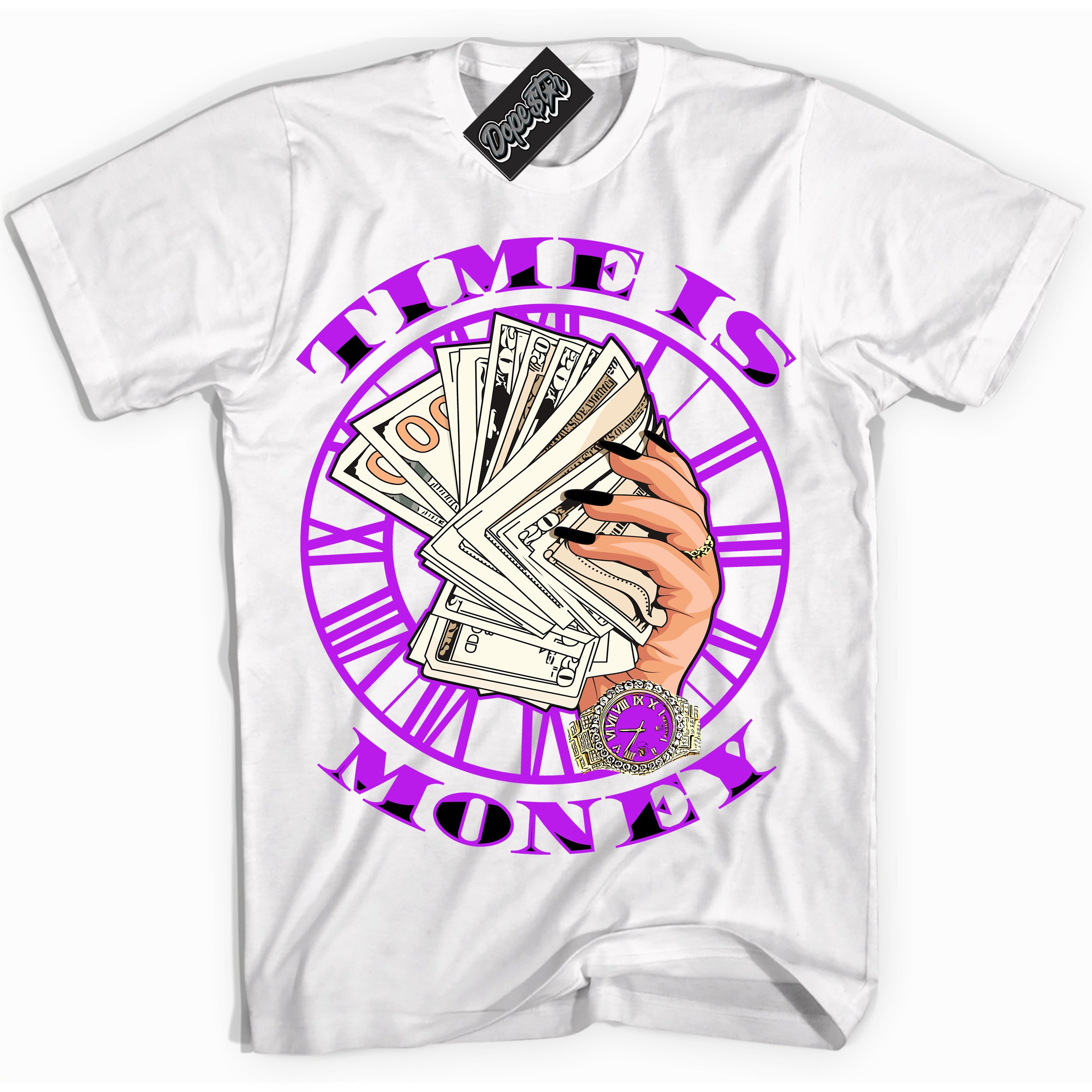 Cool White Shirt with “ Time Is Money” design that perfectly matches RTKT Genesis Dunk Sneakers.
