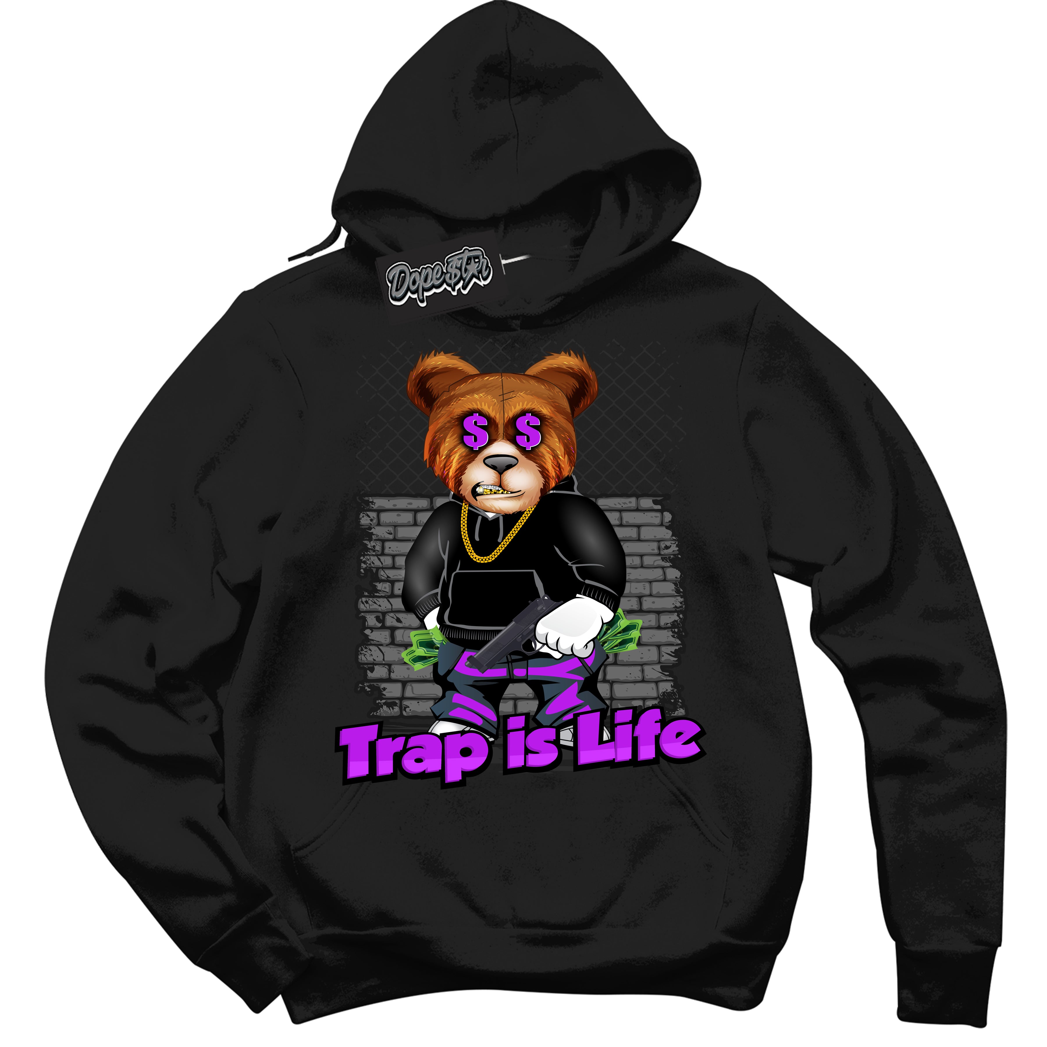Cool Black Hoodie with “ Trap Is Life ” design that Perfectly Matches RTKT Genesis Dunk Sneakers.
