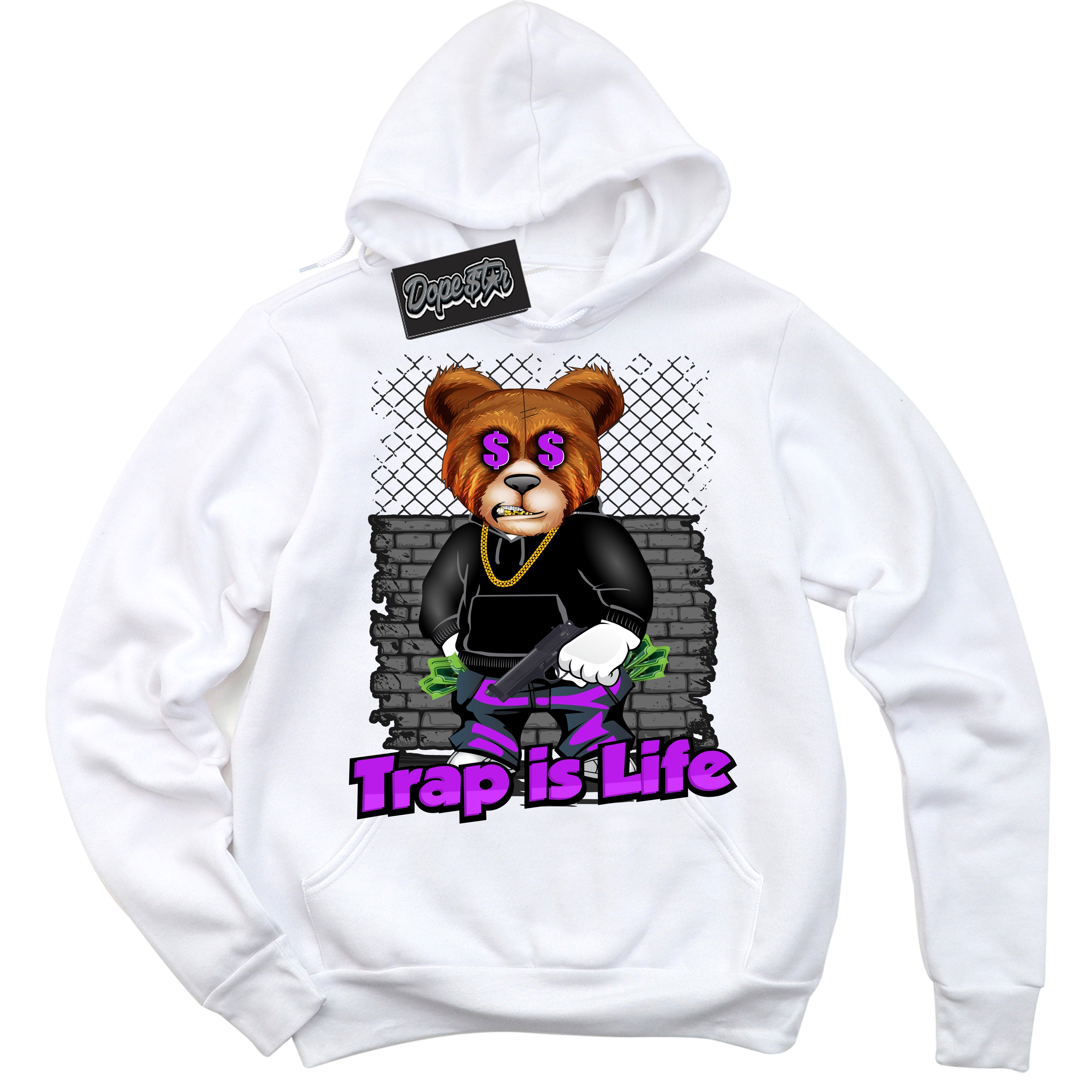 Cool White Hoodie with “ Trap Is Life ” design that Perfectly Matches RTKT Genesis Dunk Sneakers.