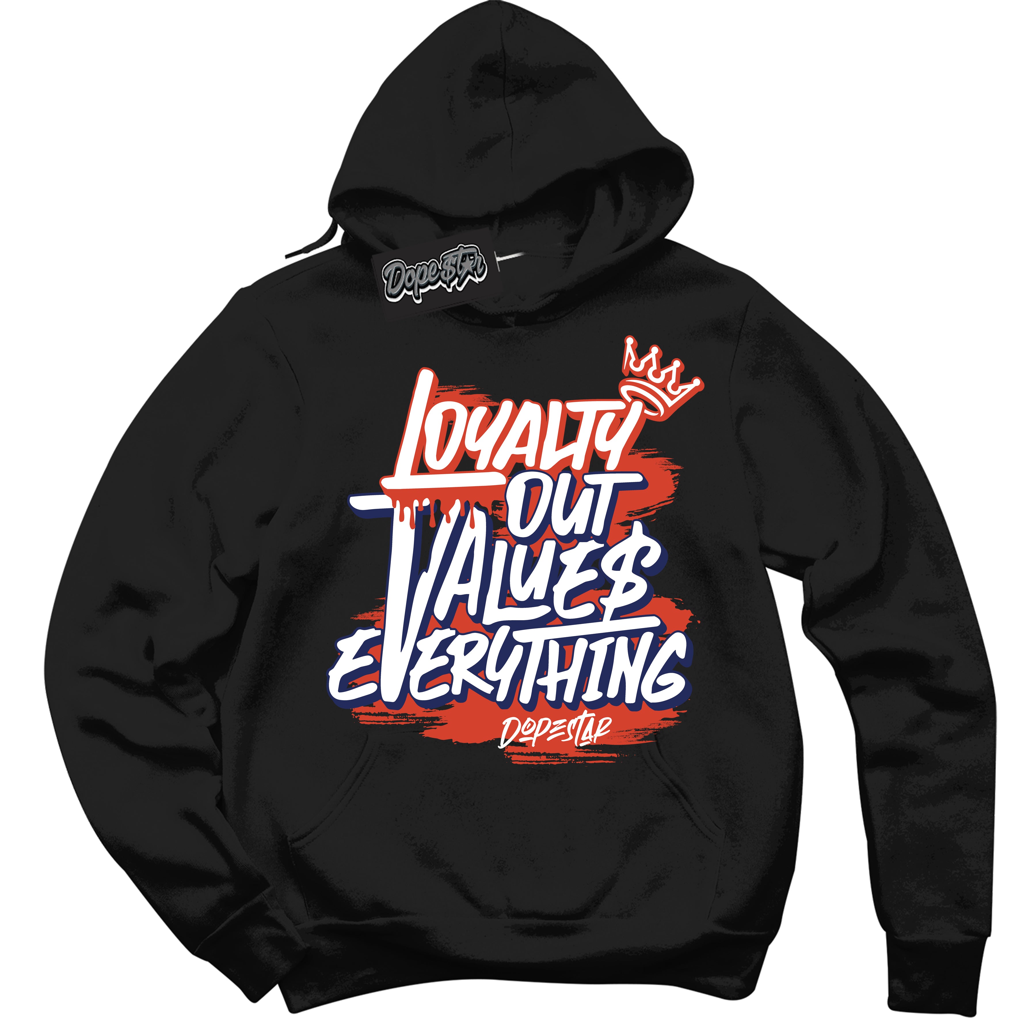 Cool Black Hoodie with “ Loyalty Out Values Everything ” design that Perfectly Matches Knicks Sneakers.
