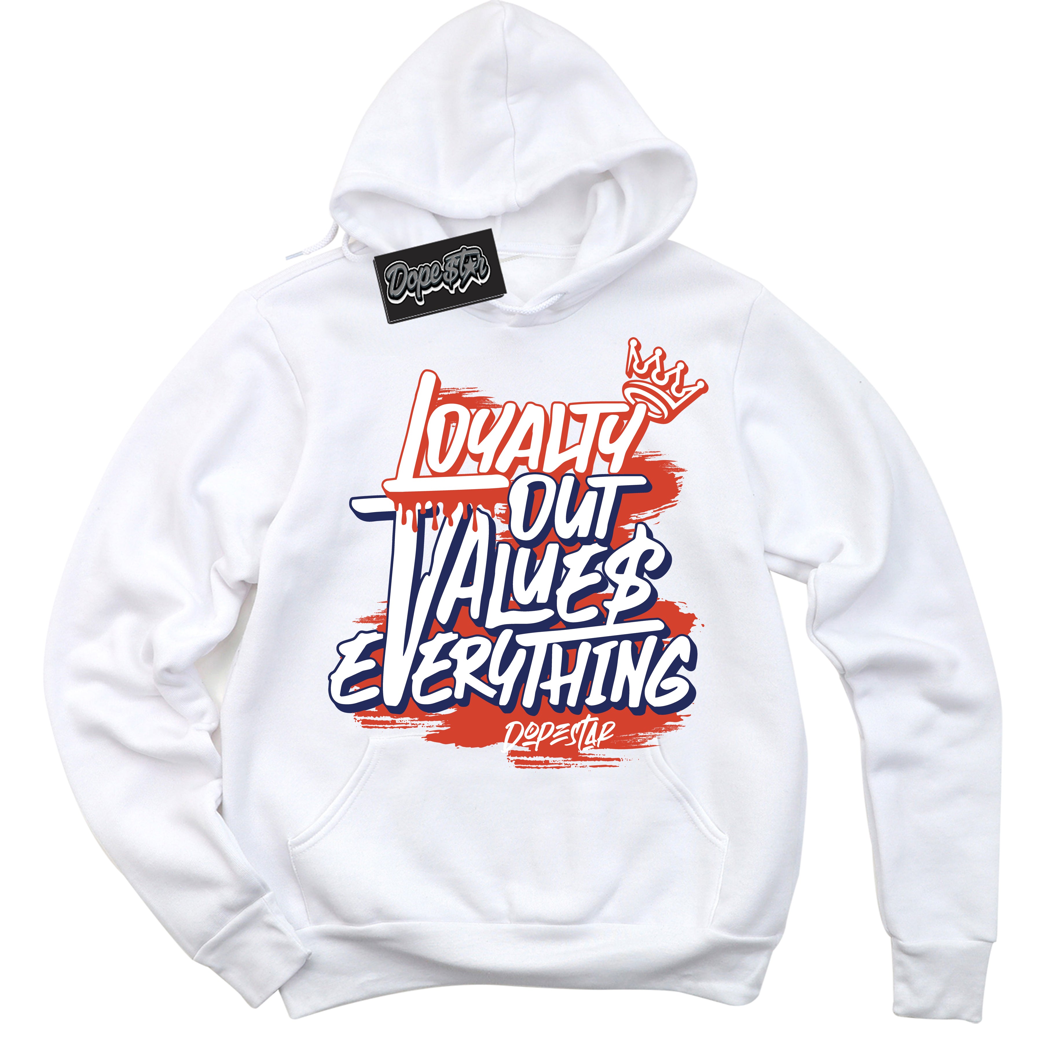 Cool White Hoodie with “ Loyalty Out Values Everything ” design that Perfectly Matches Knicks Sneakers.