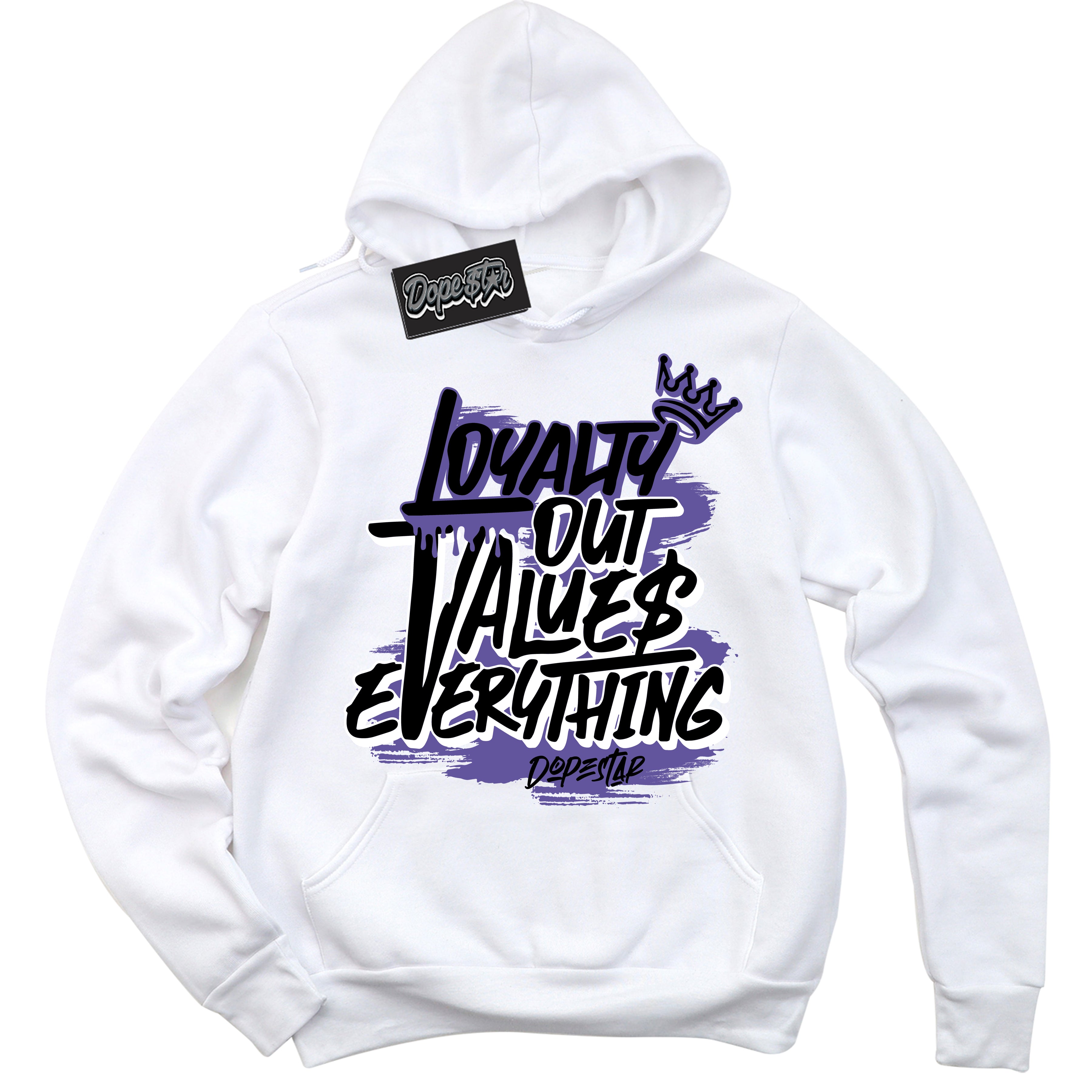 Cool White Hoodie with “ Loyalty Out Values Everything ” design that Perfectly Matches Psychic Purple Sneakers.
