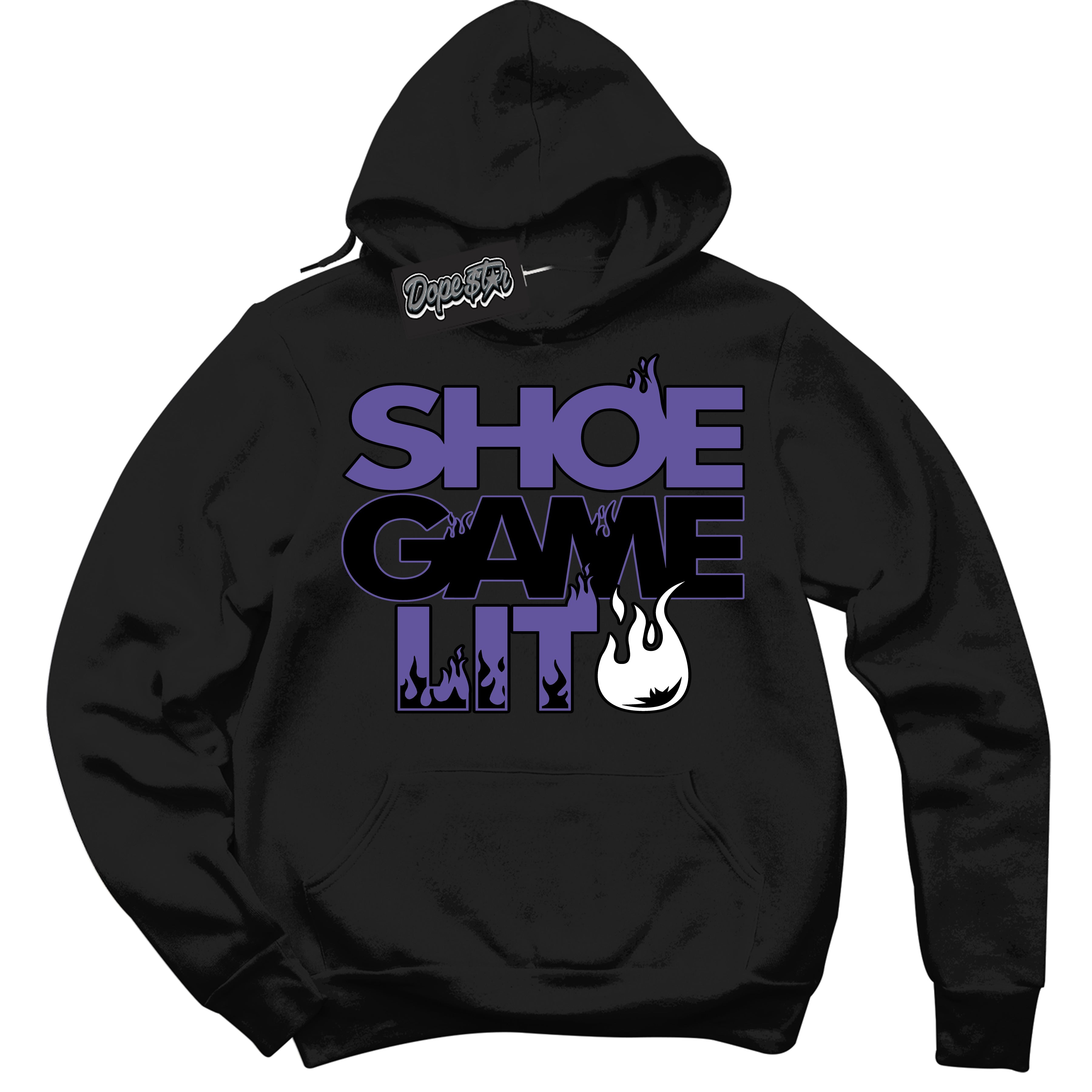 Cool Black Hoodie with “ Shoe Game Lit '' design that Perfectly Matches Psychic Purple Sneakers.