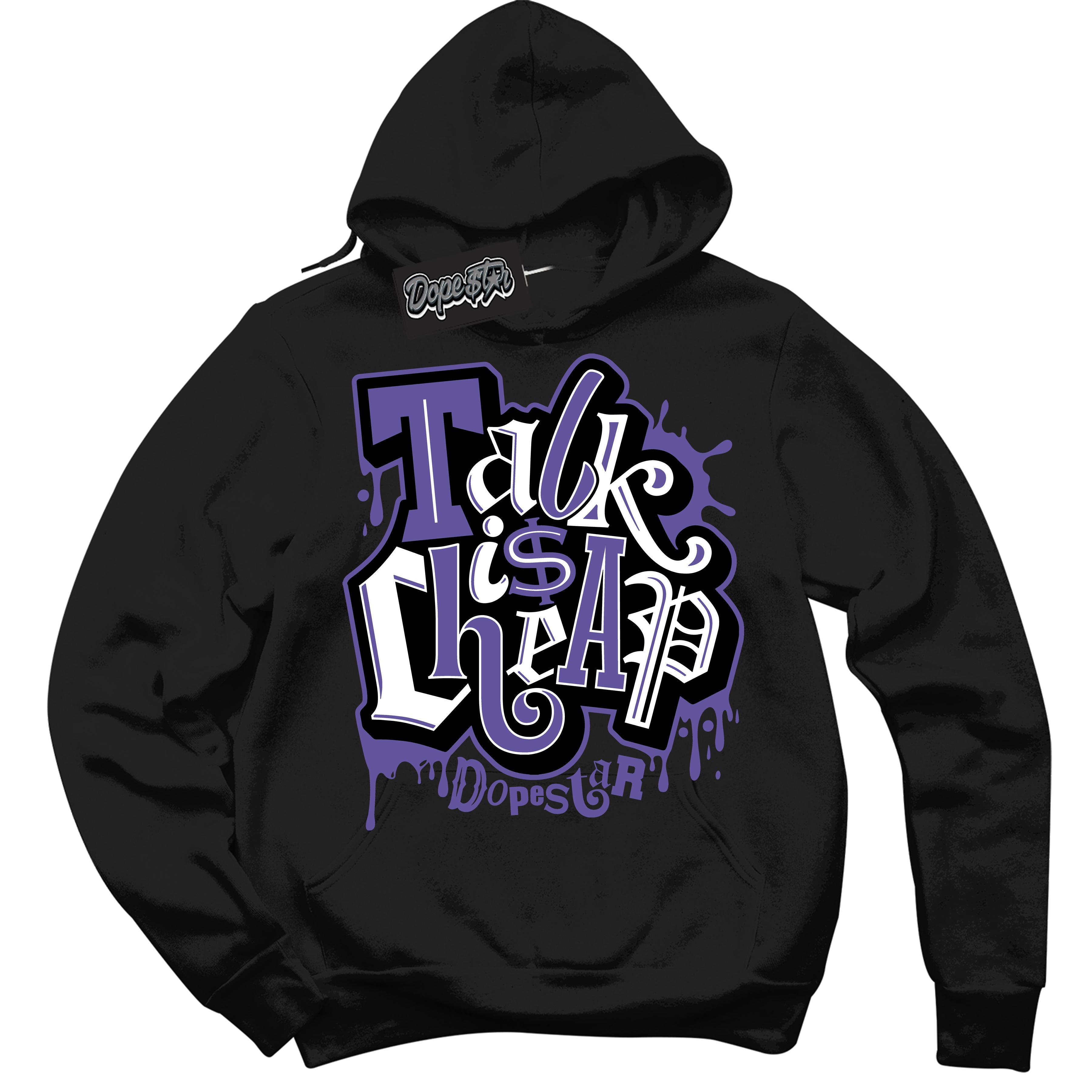 Cool Black Hoodie with “ Talk Is Cheap ” design that Perfectly Matches Psychic Purple Sneakers.