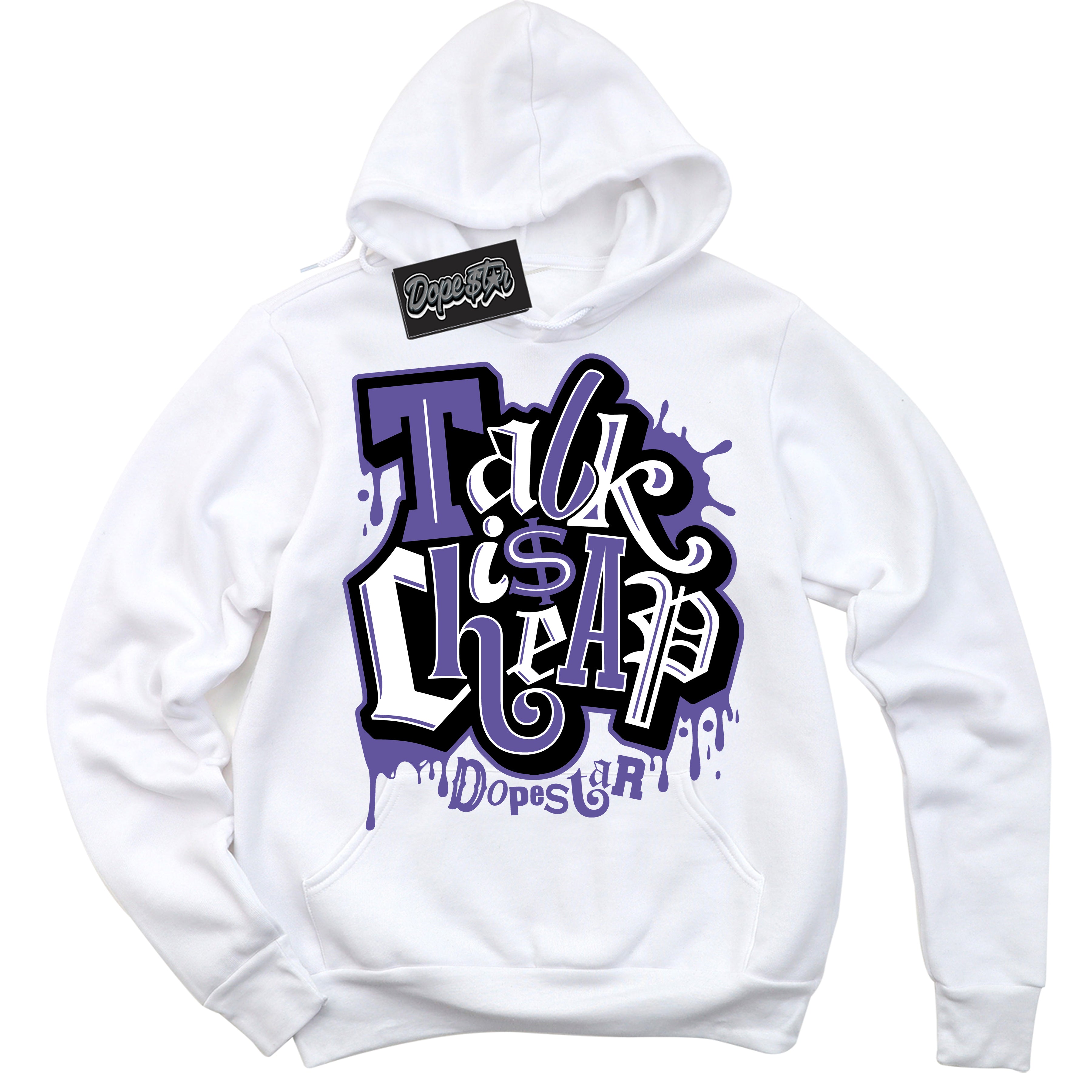 Cool White Hoodie with “ Talk Is Cheap ” design that Perfectly Matches Psychic Purple Sneakers.