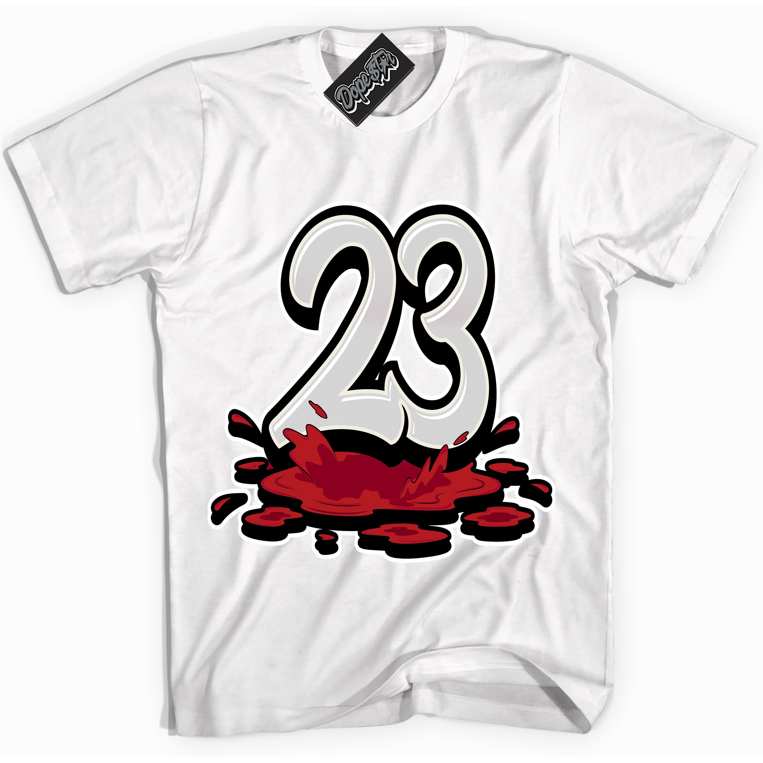 Cool White Shirt with “ 23 Melting ” design that perfectly matches Black Dragon Red Dunk.
