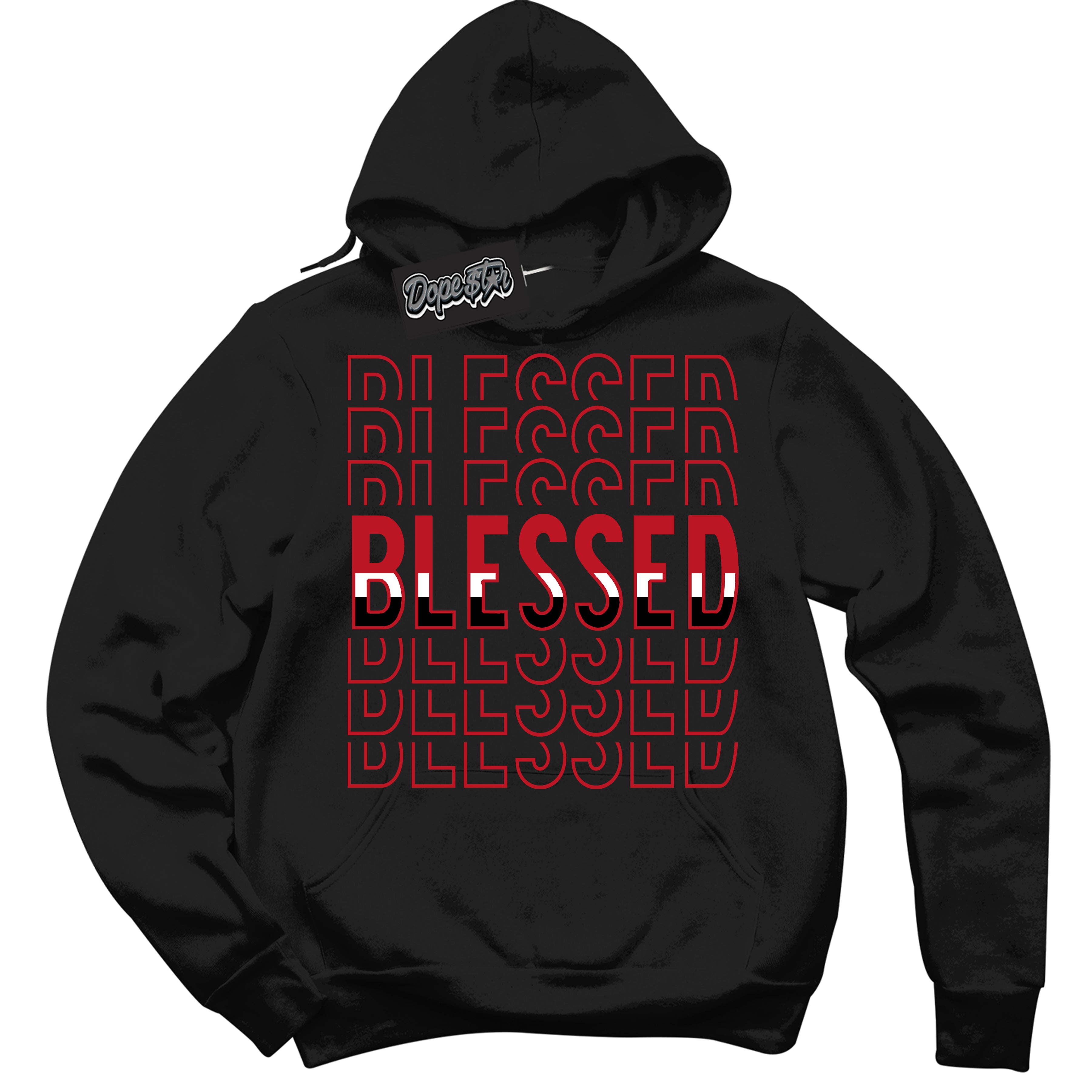 Cool Black Hoodie with “ Blessed Stacked ” design that Perfectly Matches Black Dragon Red Dunk.