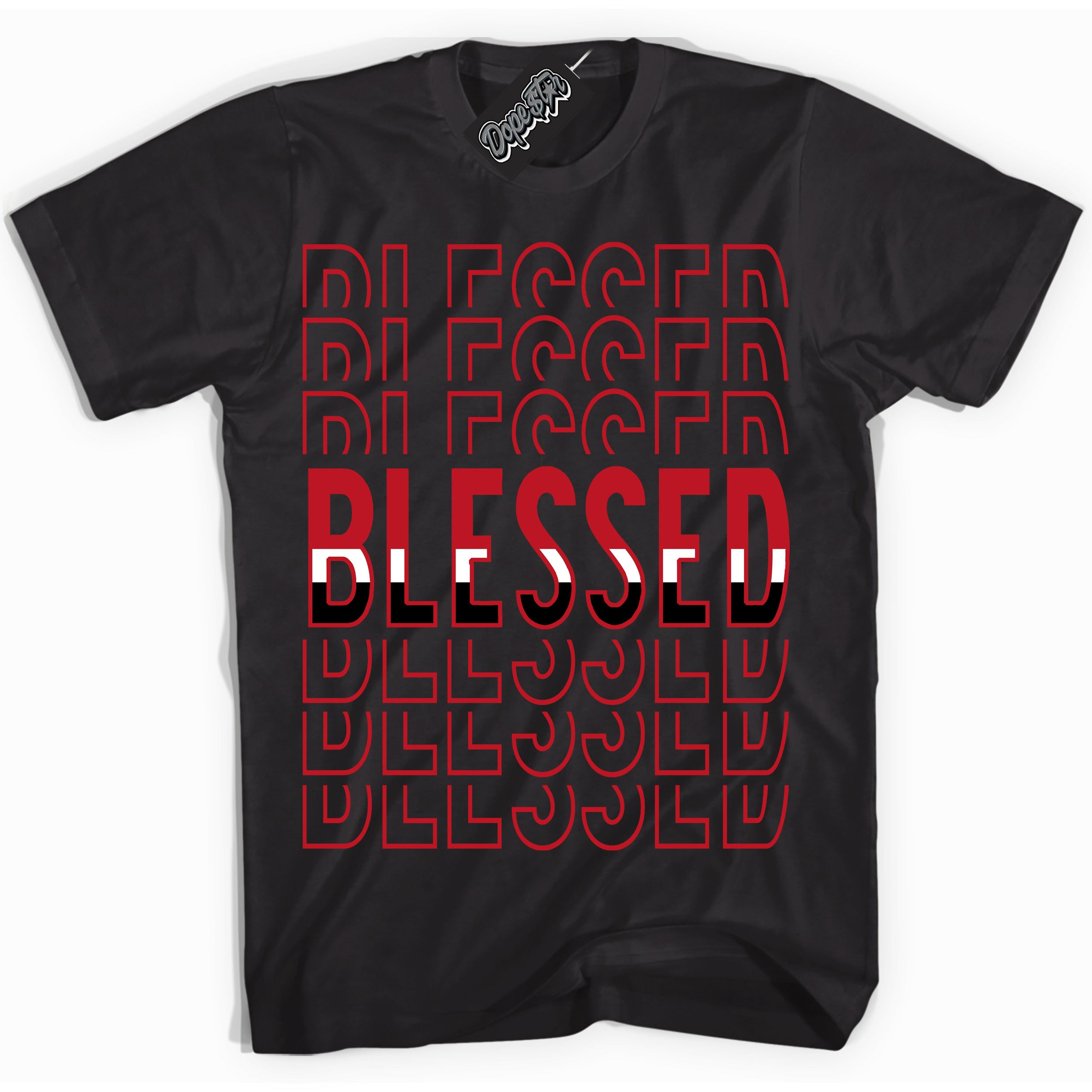 Cool Black Shirt with “ Blessed Stacked ” design that perfectly matches Black Dragon Red Dunk.