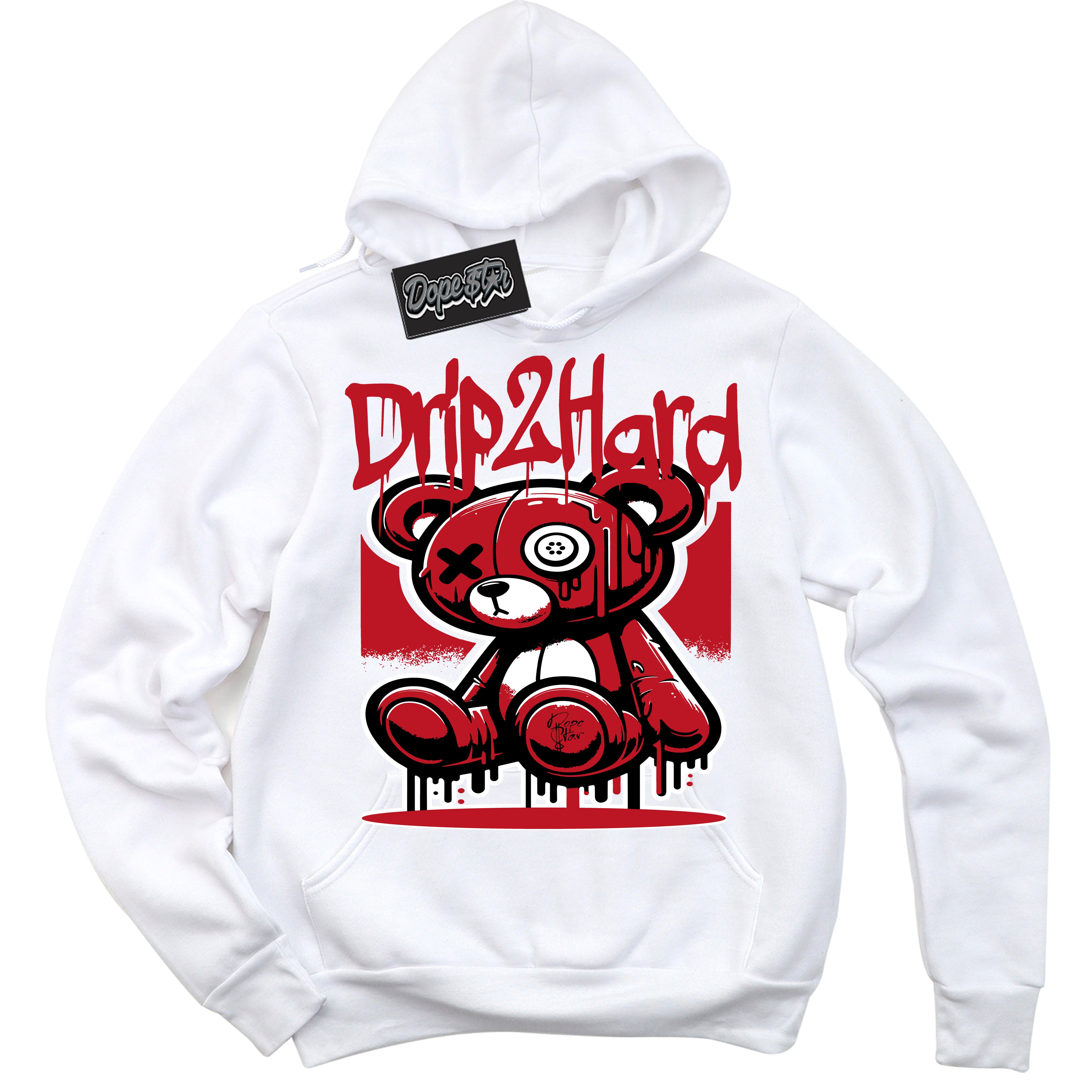 Cool White Hoodie with “ Drip 2 Hard ” design that Perfectly Matches Black Dragon Red Dunk.