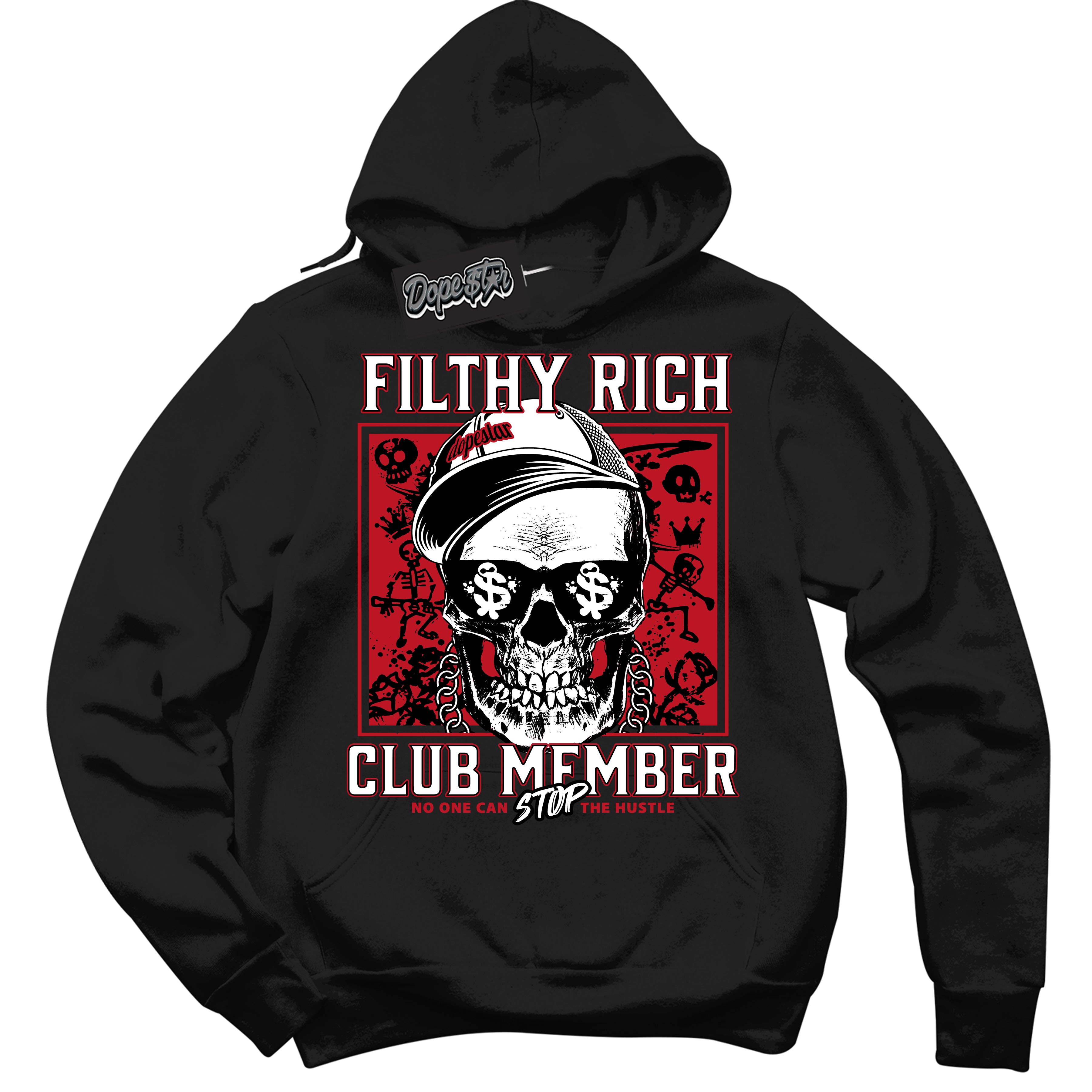 Cool Black Hoodie with “ Filthy Rich ” design that Perfectly Matches Black Dragon Red Dunk.