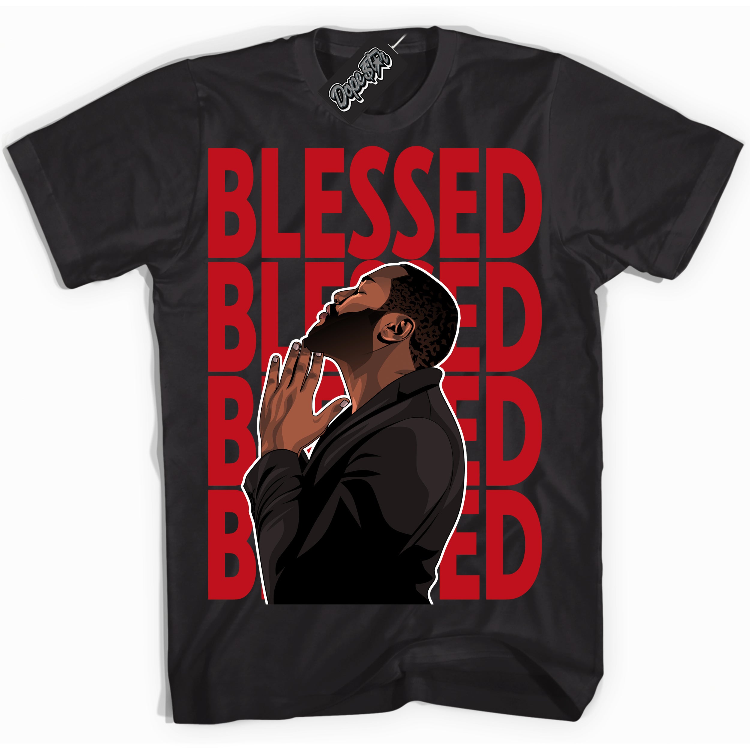Cool Black Shirt with “ God Blessed ” design that perfectly matches Black Dragon Red Dunk.