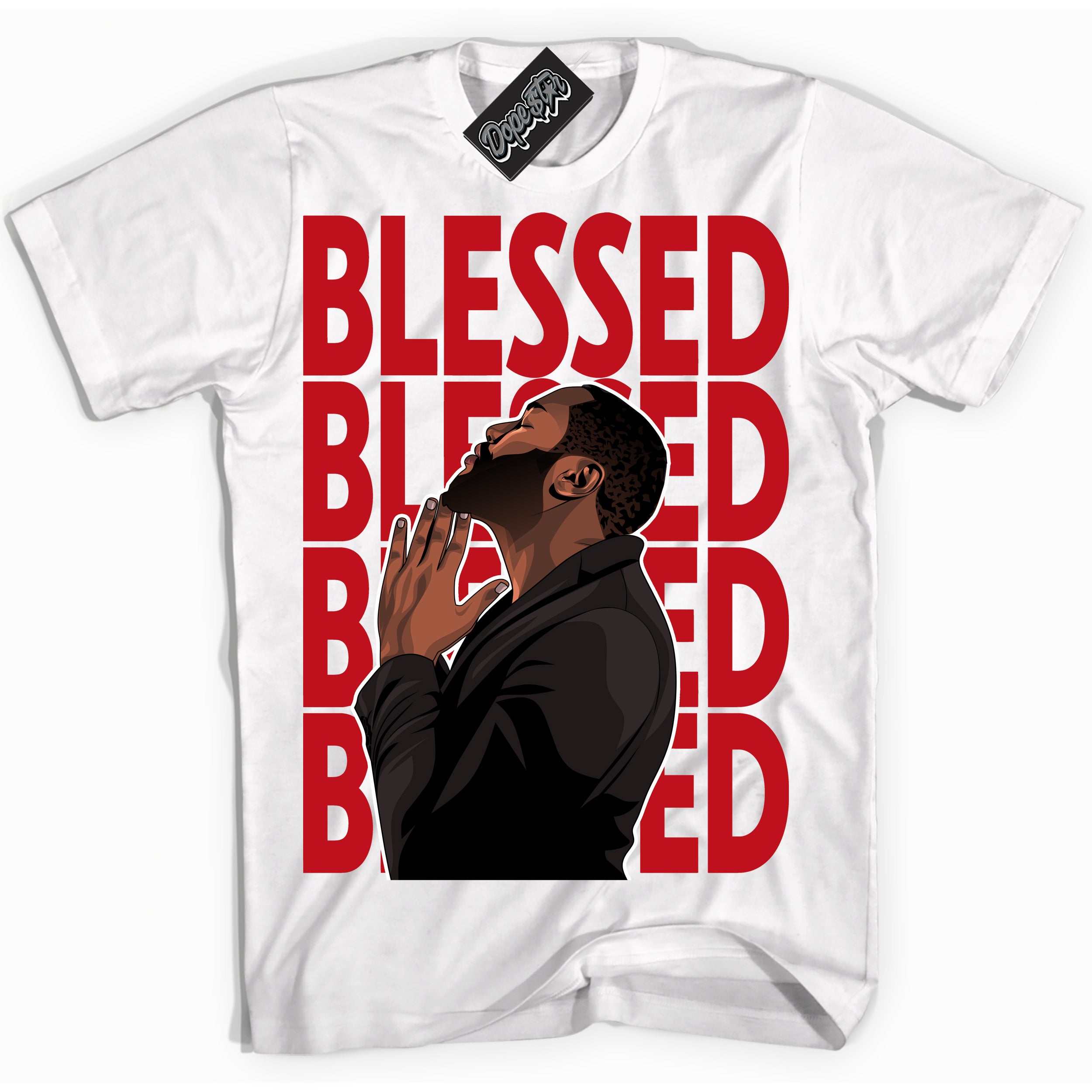 Cool White Shirt with “ God Blessed ” design that perfectly matches Black Dragon Red Dunk.