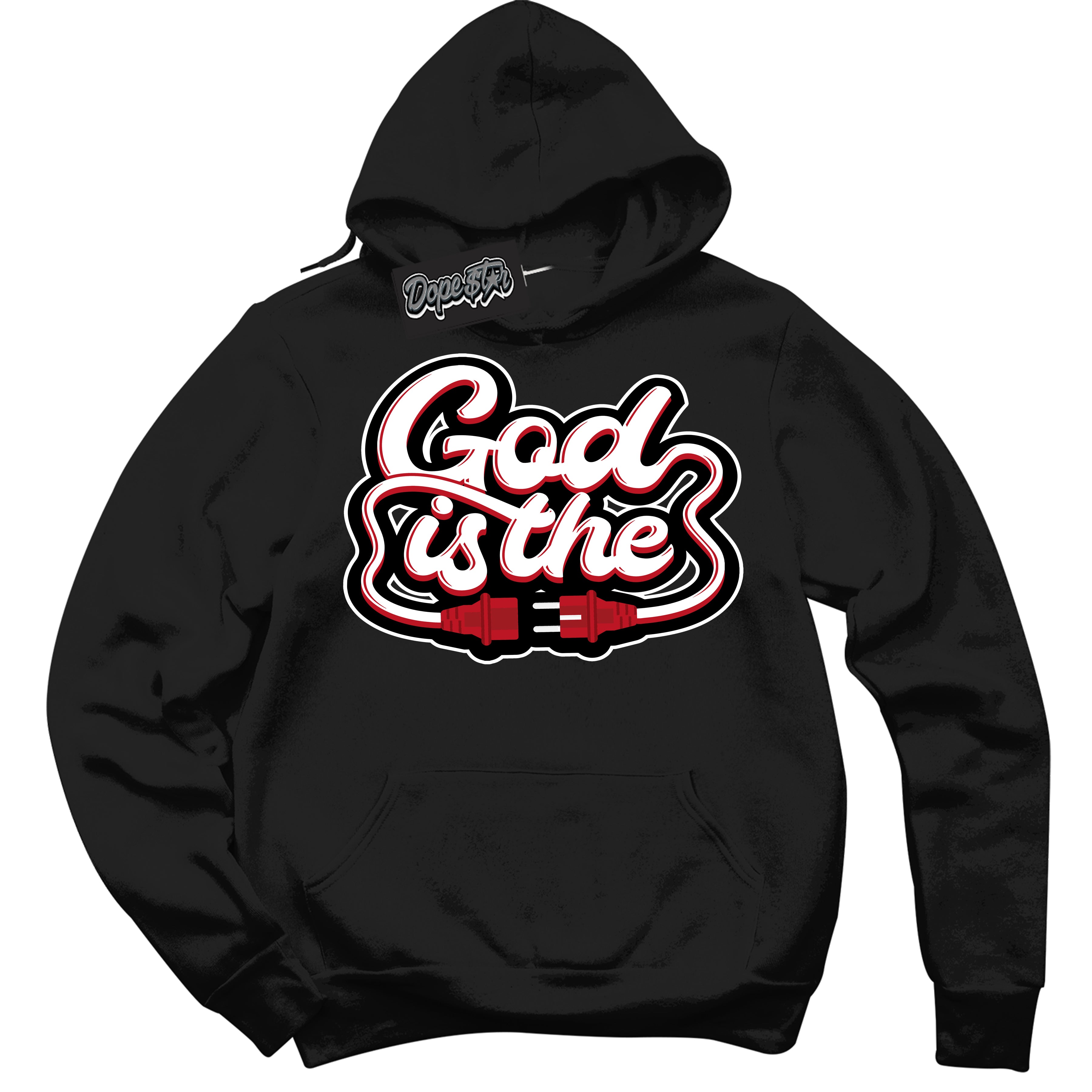 Cool Black Hoodie with “ God Is The ” design that Perfectly Matches Black Dragon Red Dunk.