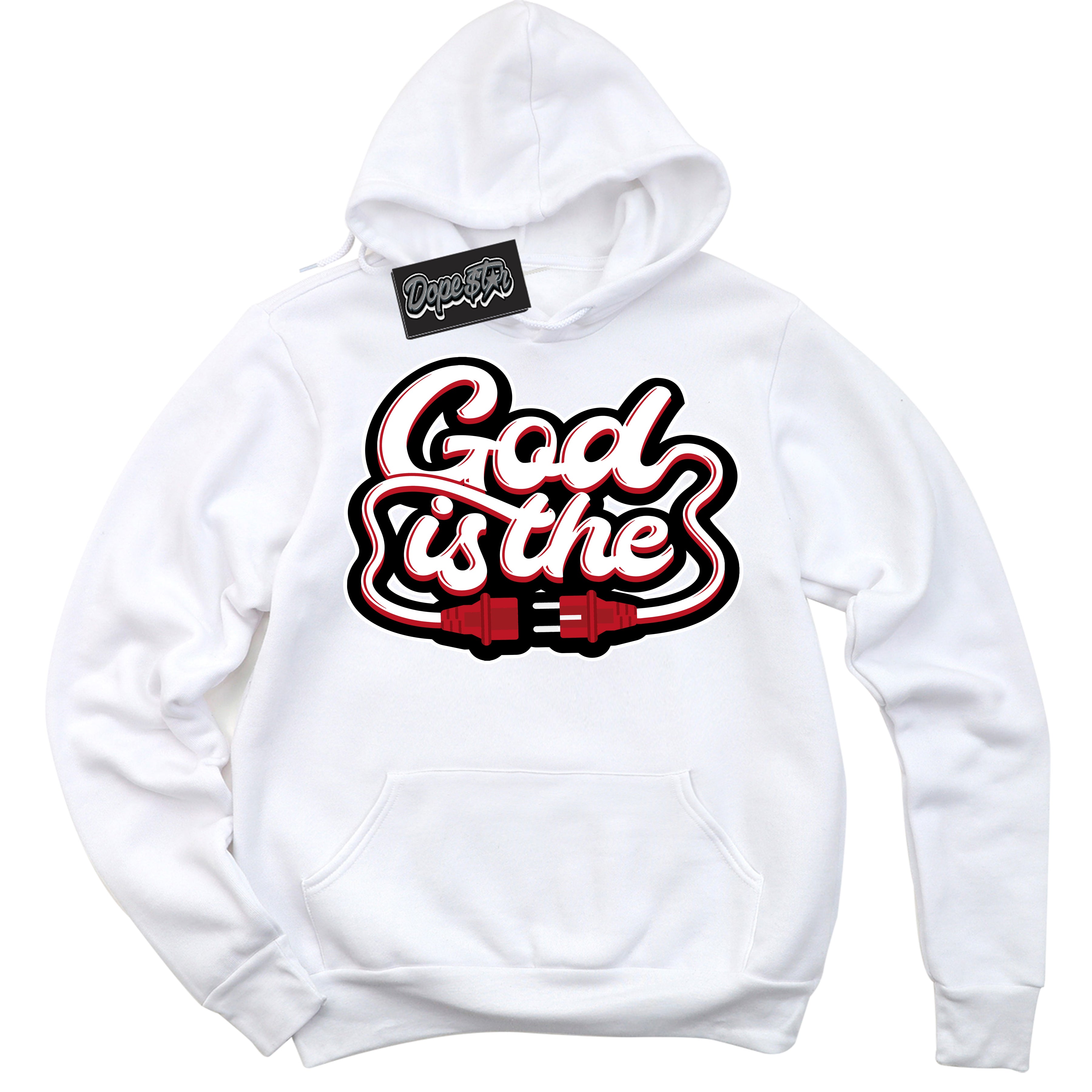 Cool White Hoodie with “ God Is The ” design that Perfectly Matches Black Dragon Red Dunk.