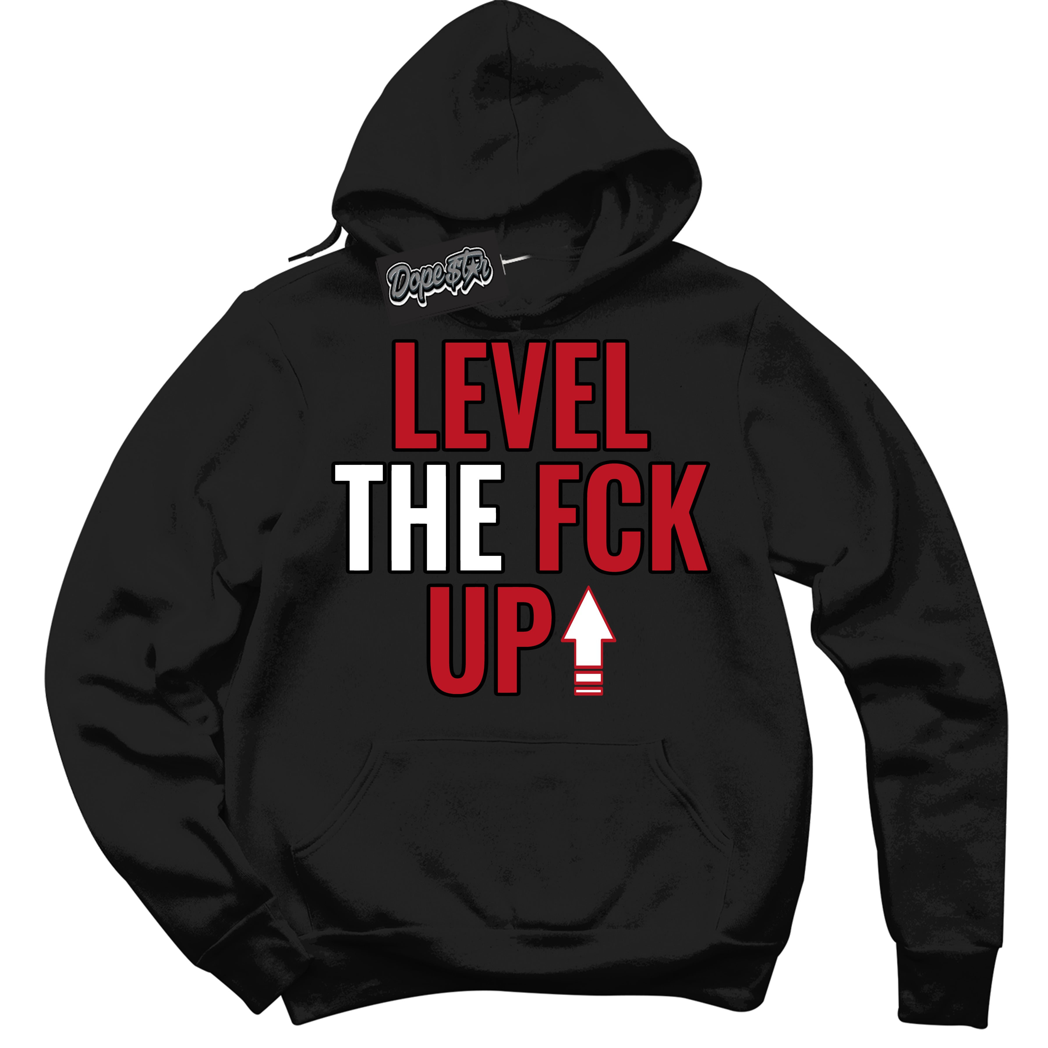 Cool Black Hoodie with “ Level The Fck Up ” design that Perfectly Matches Black Dragon Red Dunk.