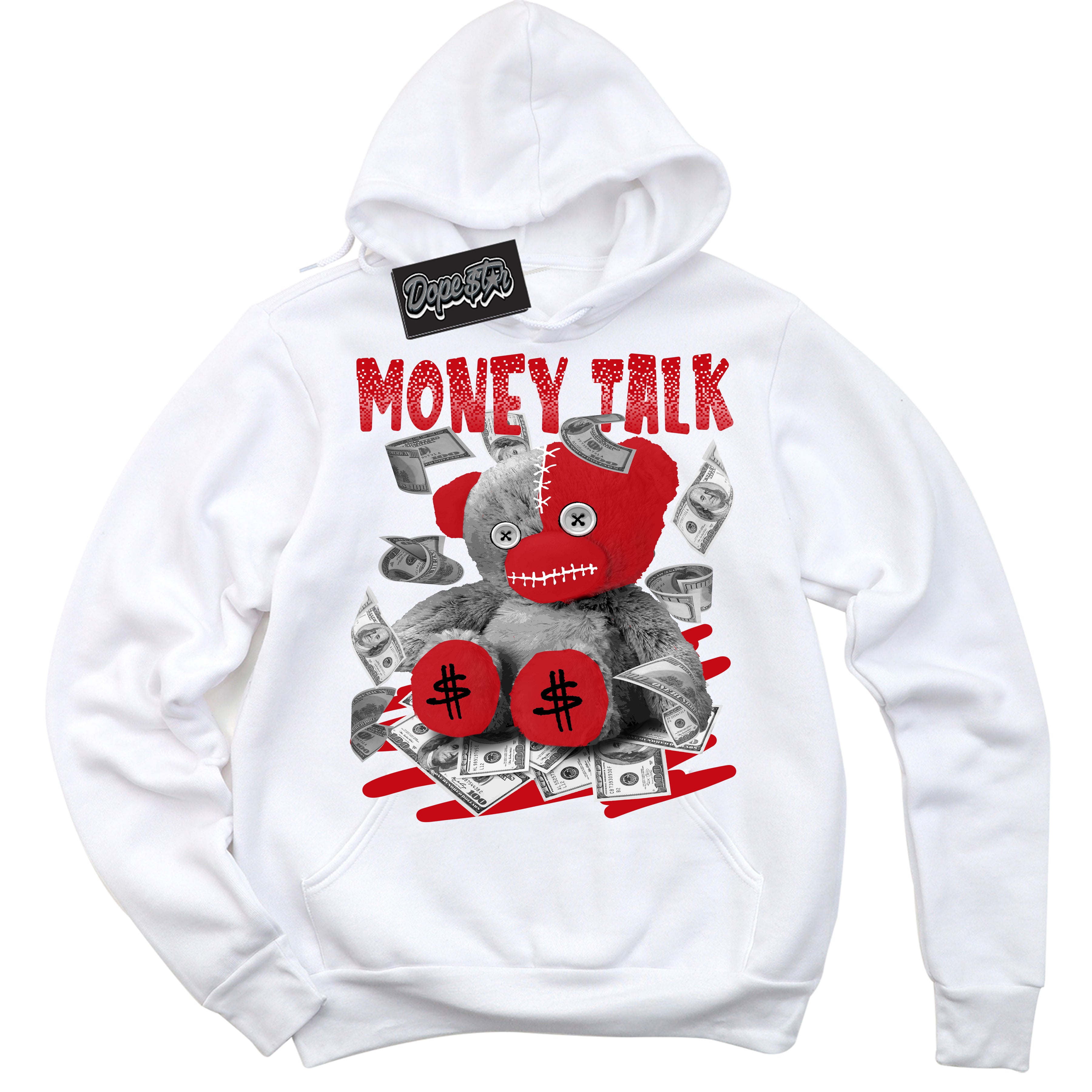 Cool White Hoodie with “ Money Talk Bear ” design that Perfectly Matches Black Dragon Red Dunk.