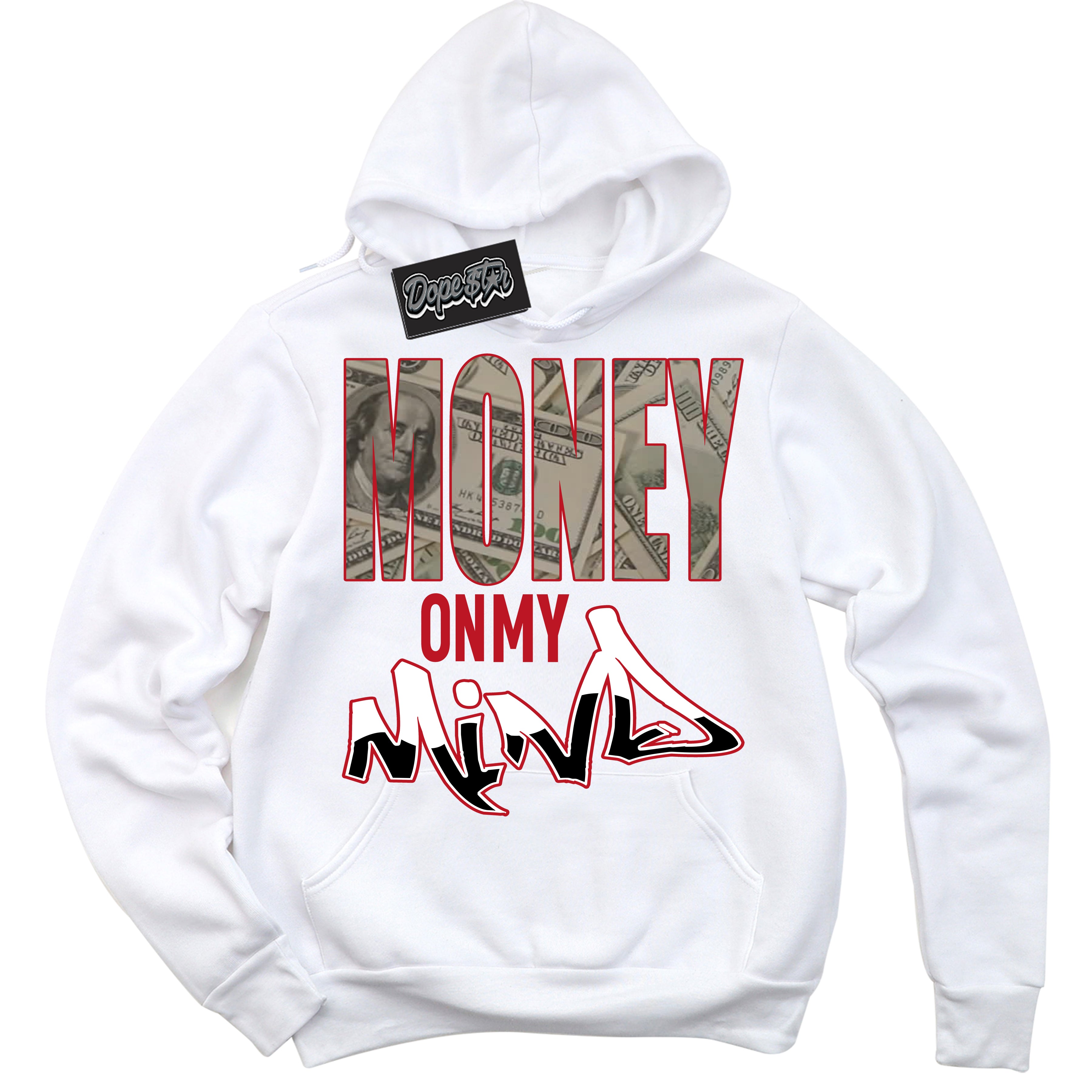 Cool White Hoodie with “ Money On My Mind ” design that Perfectly Matches Black Dragon Red Dunk.
