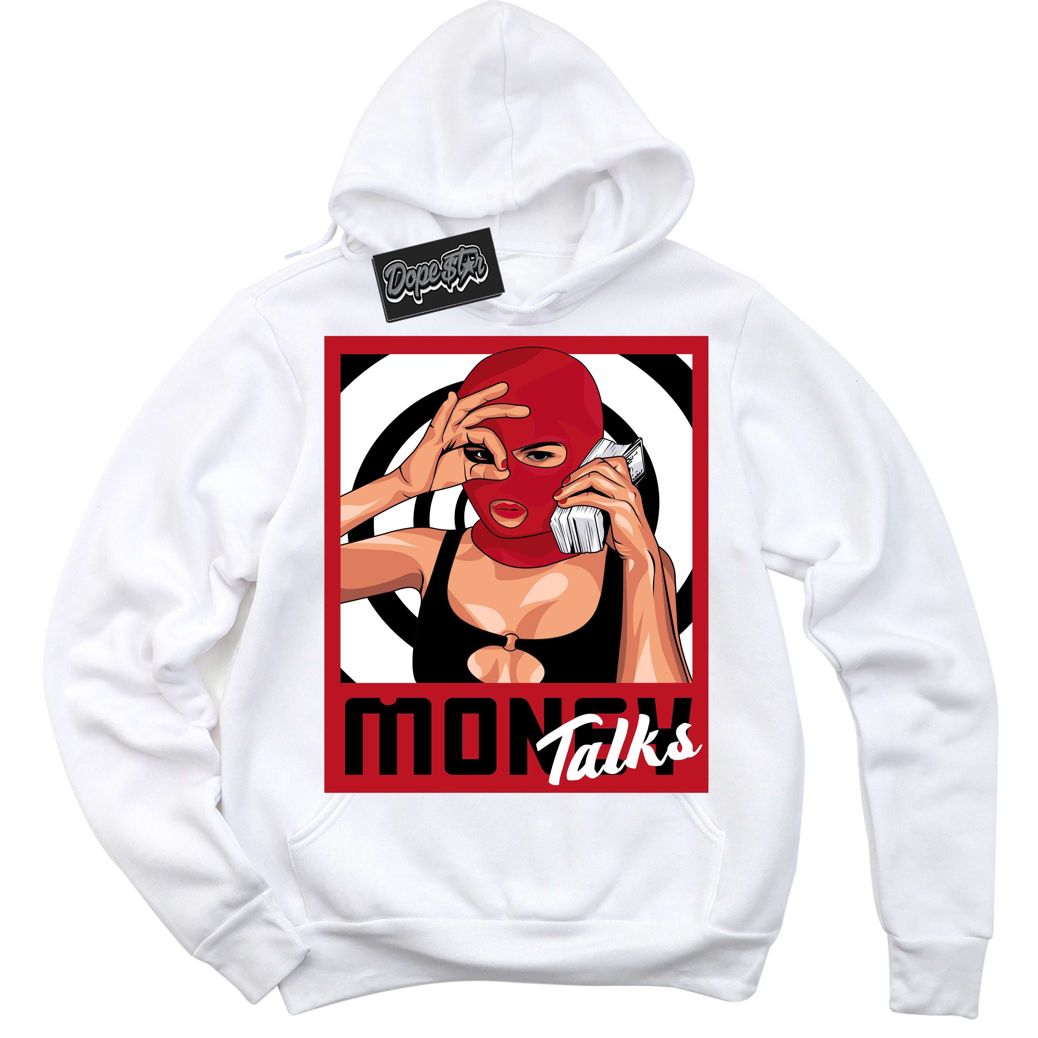 Cool White Hoodie with “ Money Talks ” design that Perfectly Matches Black Dragon Red Dunk.