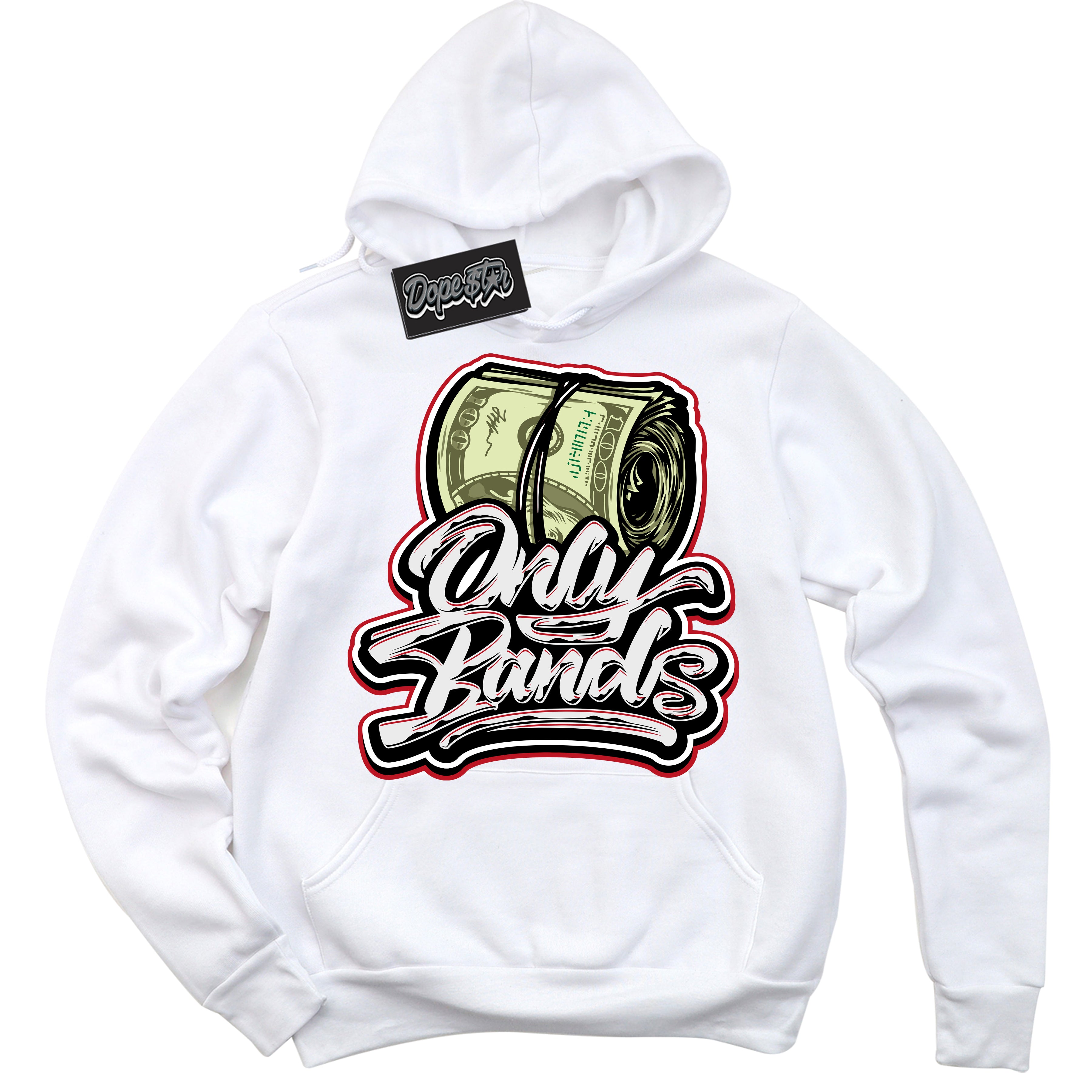 Cool White Hoodie with “ Only Bands ” design that Perfectly Matches Black Dragon Red Dunk.