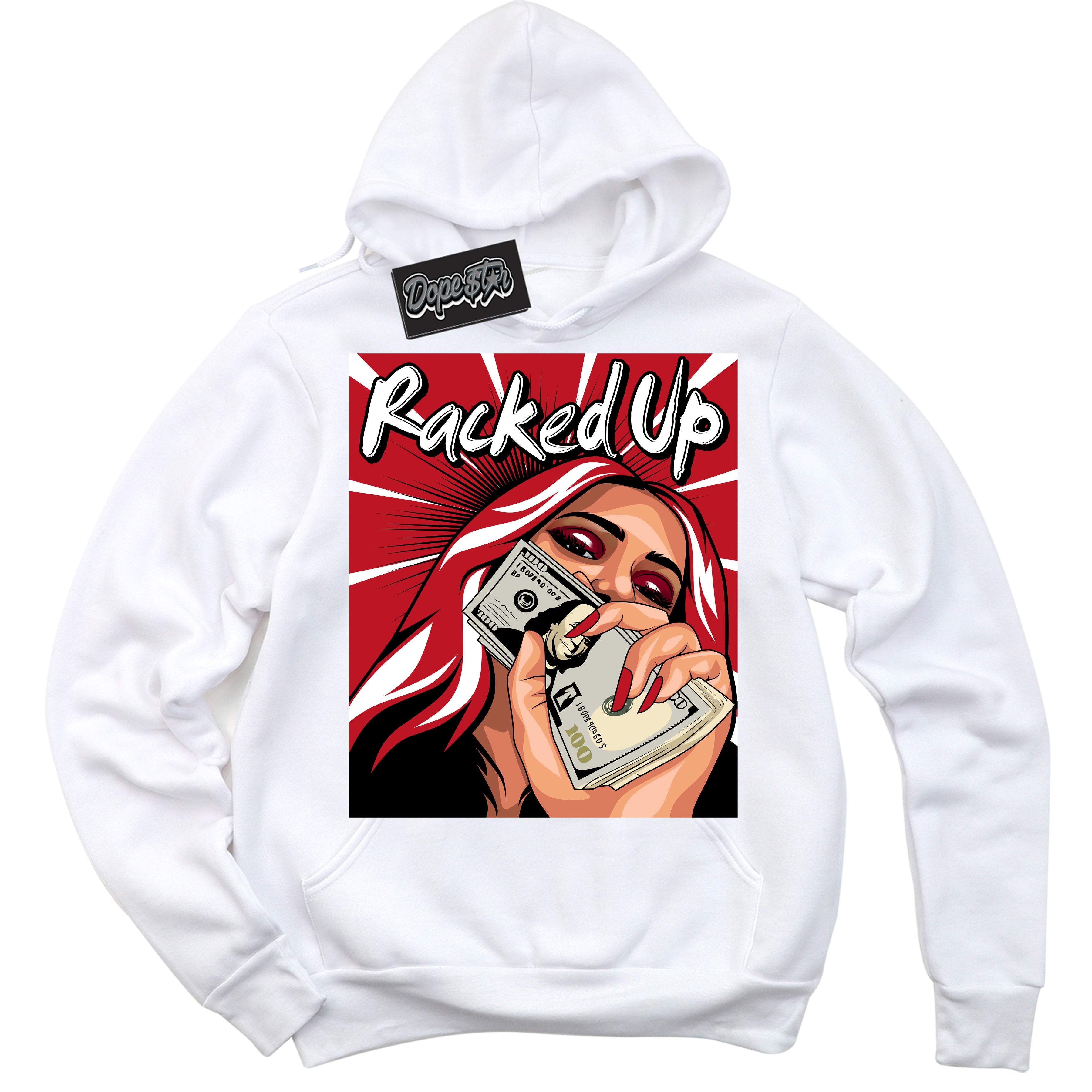 Cool White Hoodie with “ Racked Up ” design that Perfectly Matches Black Dragon Red Dunk.