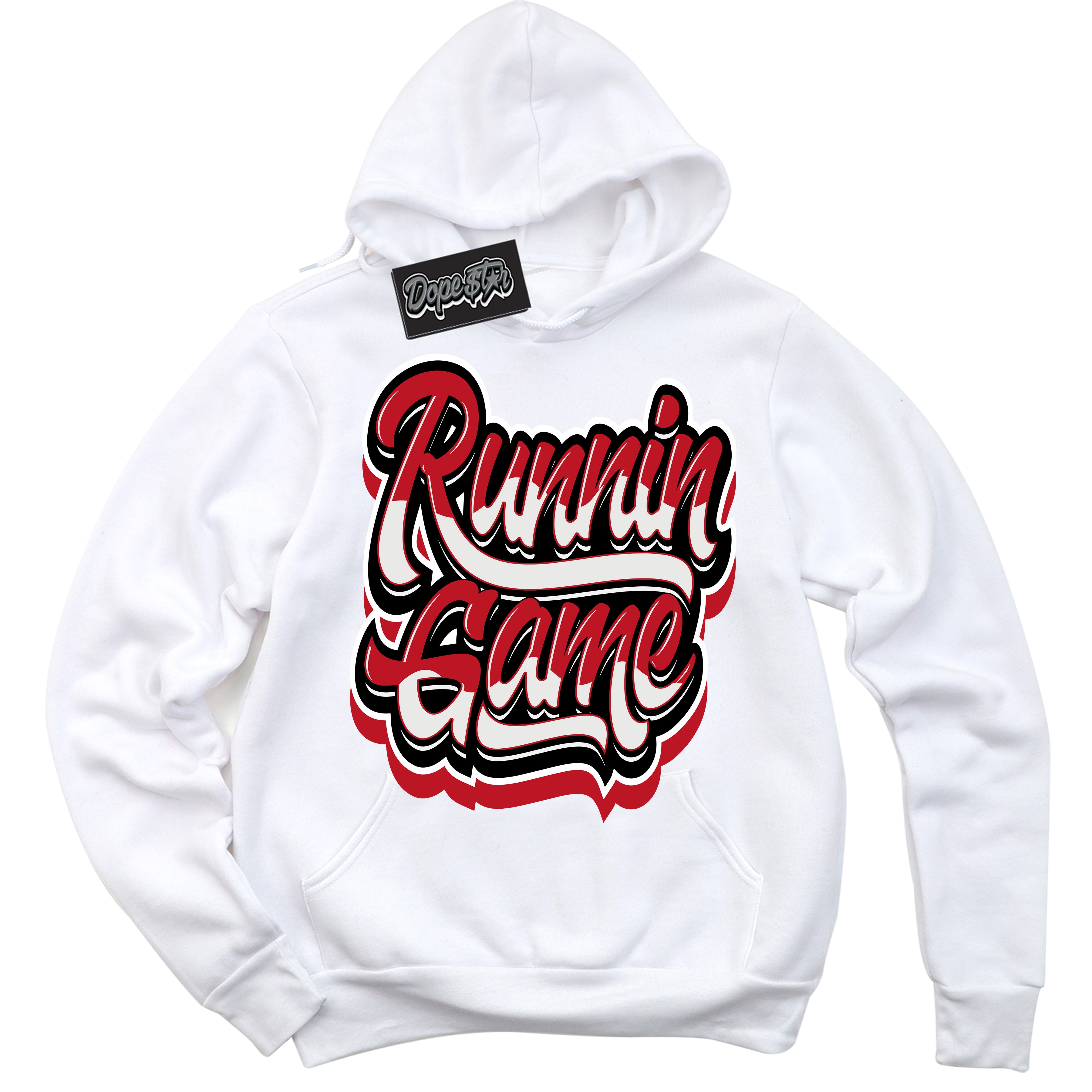 Cool White Hoodie with “ Running Game ” design that Perfectly Matches Black Dragon Red Dunk.