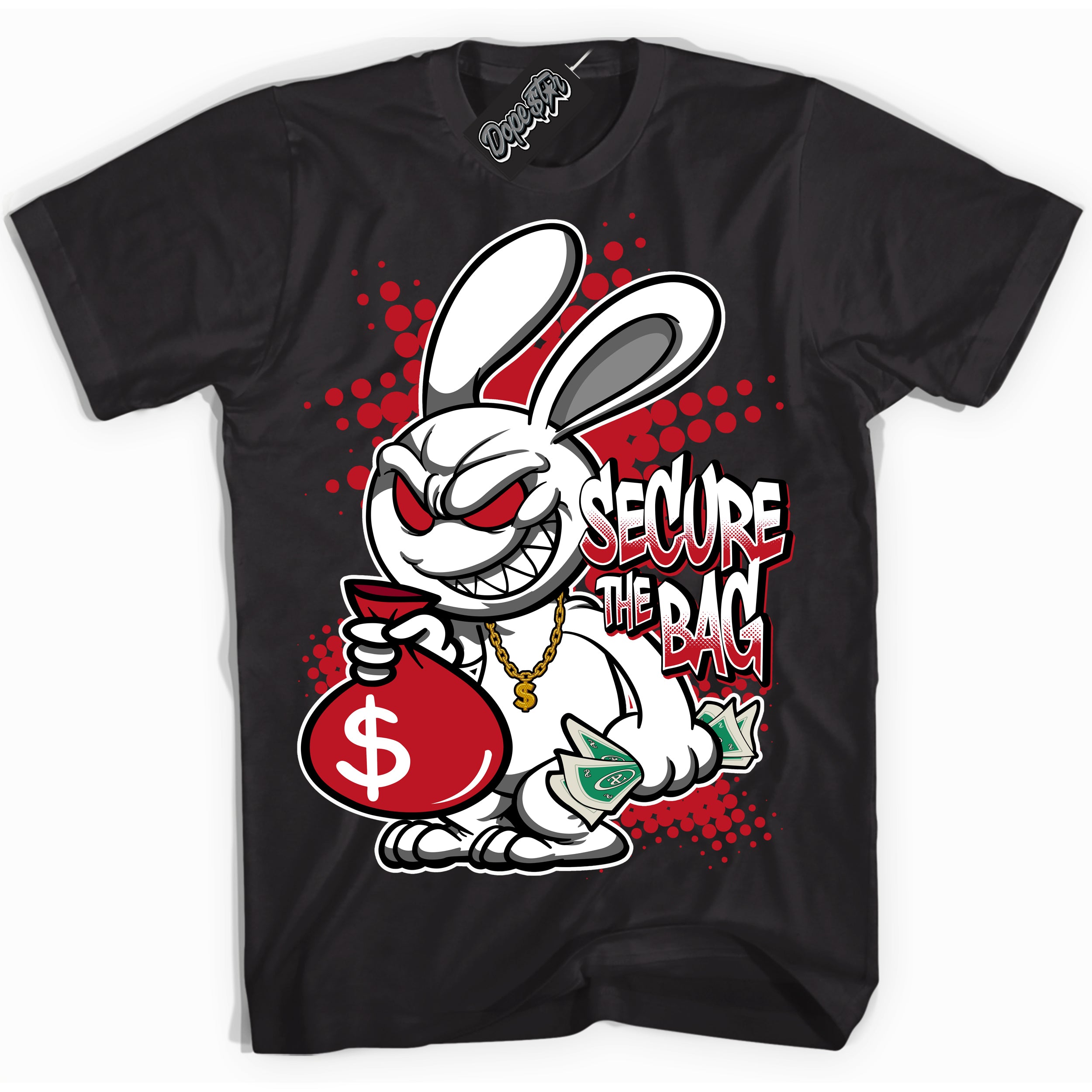 Cool Black Shirt with “ Secure The Bag ” design that perfectly matches Black Dragon Red Dunk.