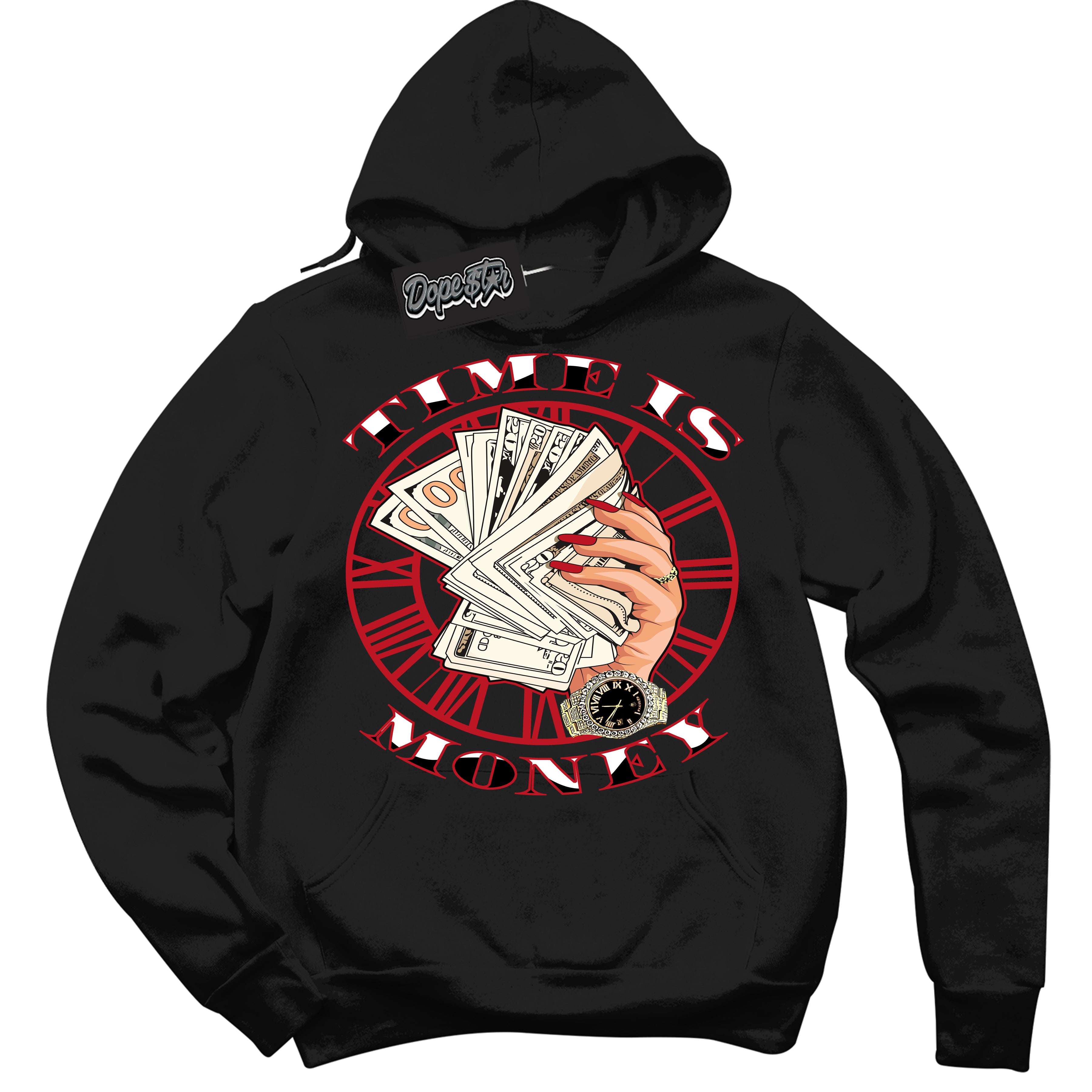 Cool Black Hoodie with “ Time Is Money ” design that Perfectly Matches Black Dragon Red Dunk.