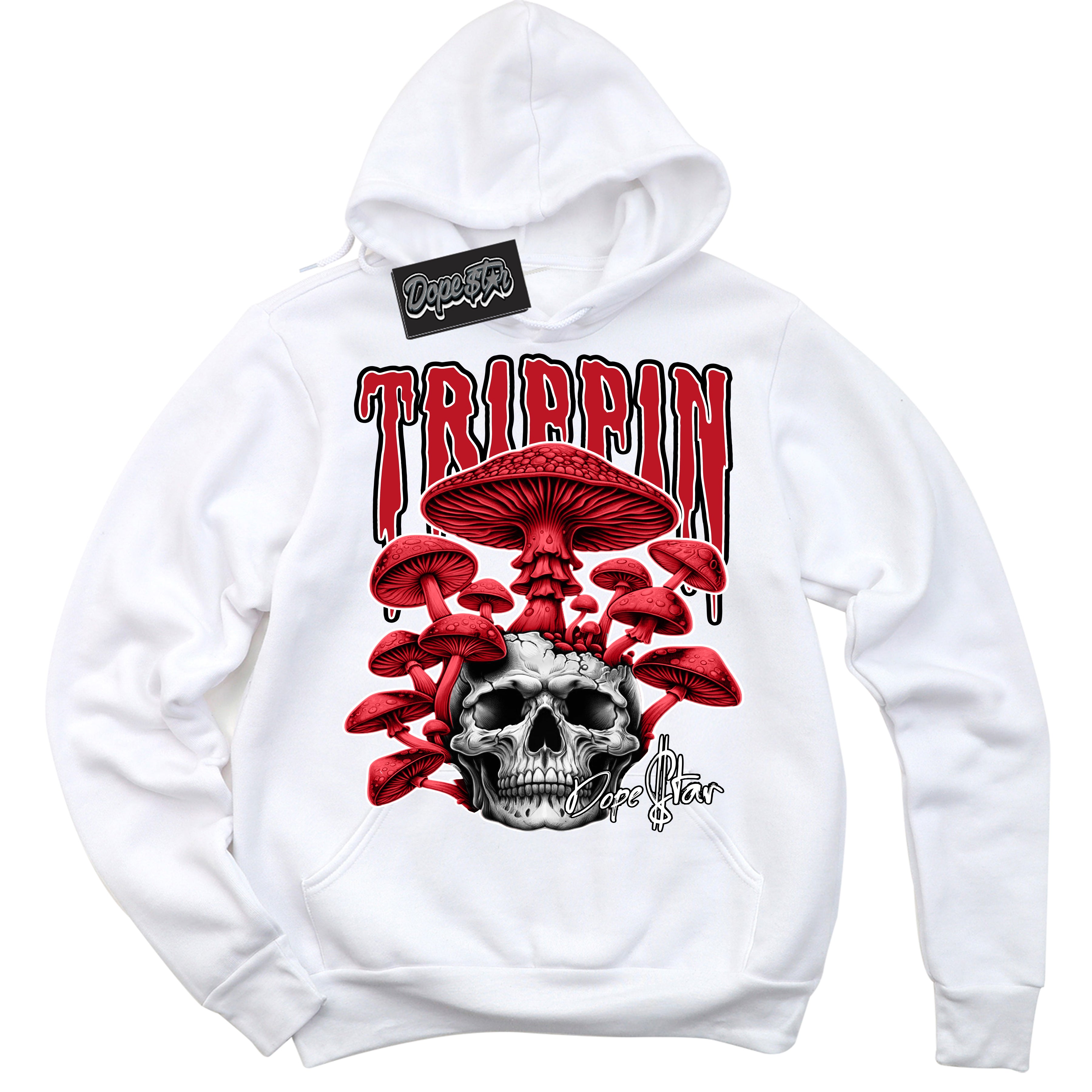 Cool White Hoodie with “ Trippin ” design that Perfectly Matches Black Dragon Red Dunk.