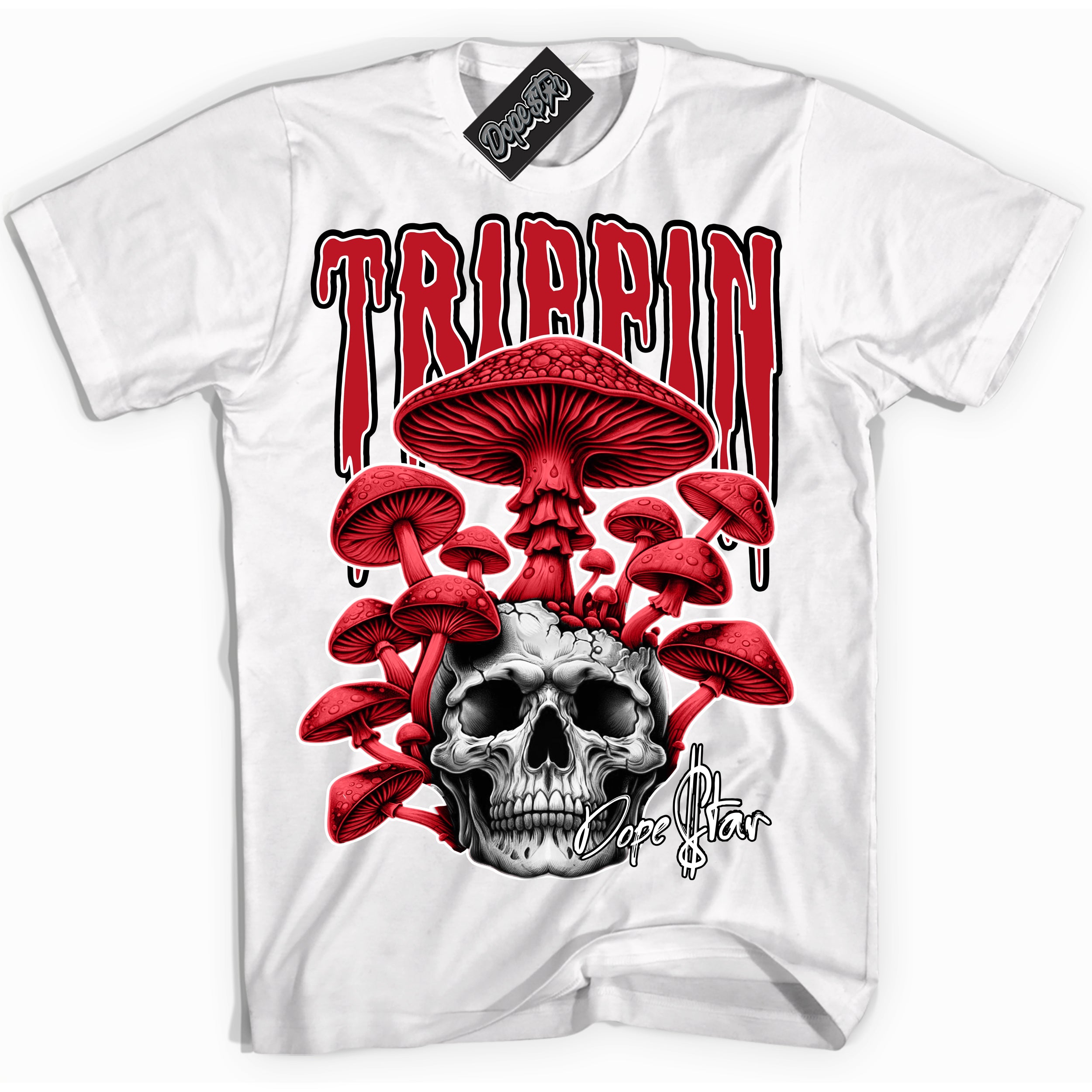 Cool White Shirt with “ Trippin ” design that perfectly matches Black Dragon Red Dunk.