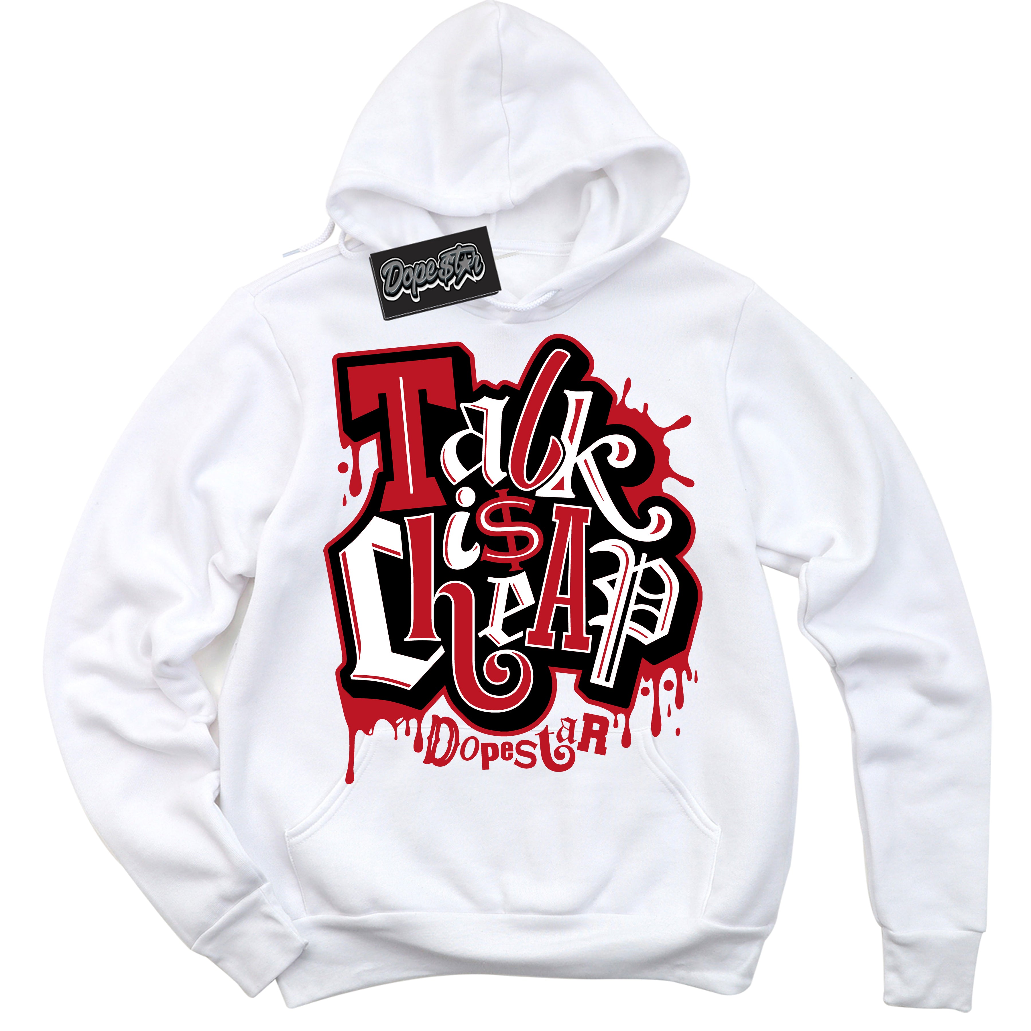 Cool White Hoodie with “ Talk Is Cheap ” design that Perfectly Matches Black Dragon Red Dunk.