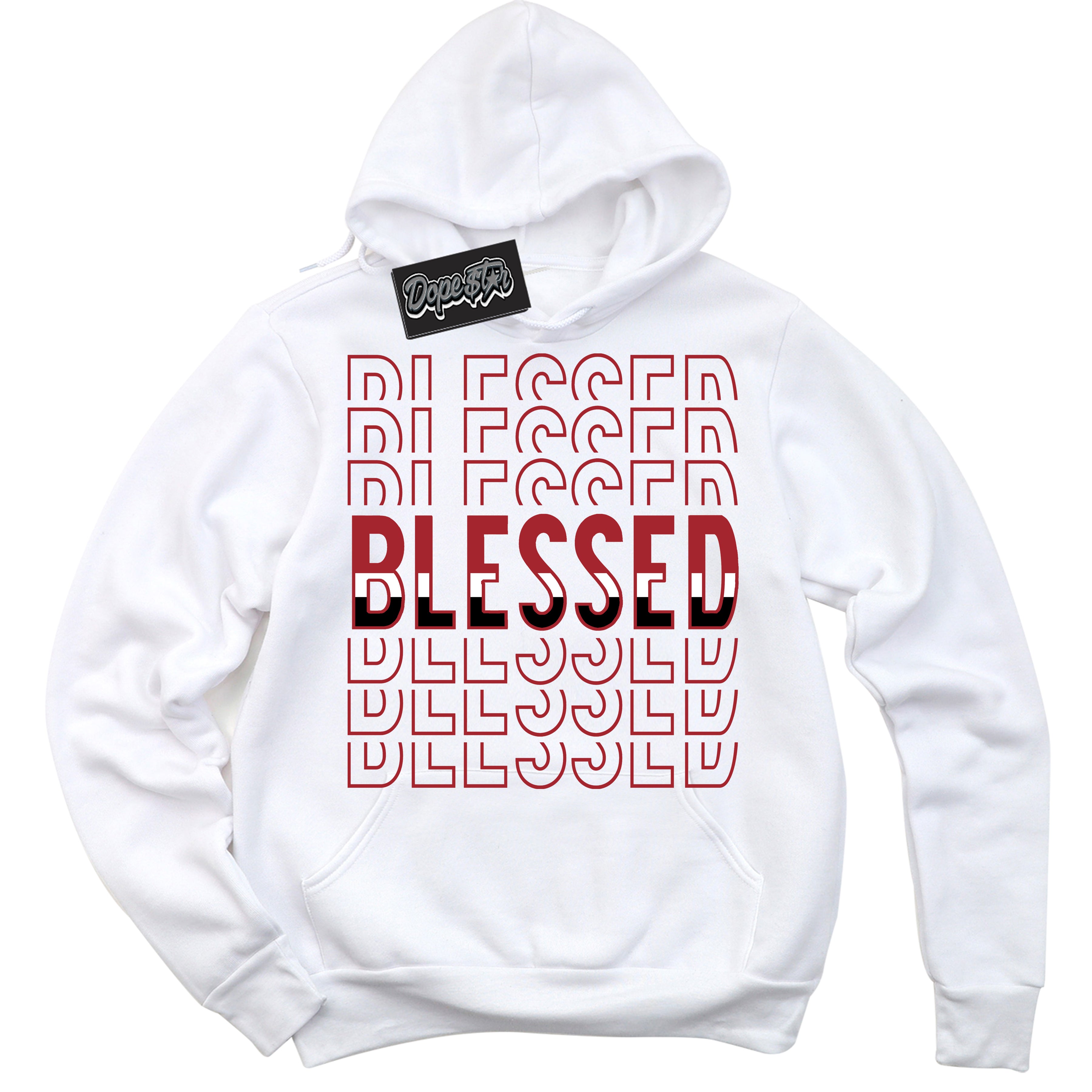 Dunk Low Black Toe Bright Crimson 'Blessed Stacked' Hoodie – White Streetwear Sweatshirt | Sneaker Matching Hoodie for Dunk Low Black Toe Bright Crimson | Men's & Women's Streetwear Outfit by Sneaker Shirts Outlet.